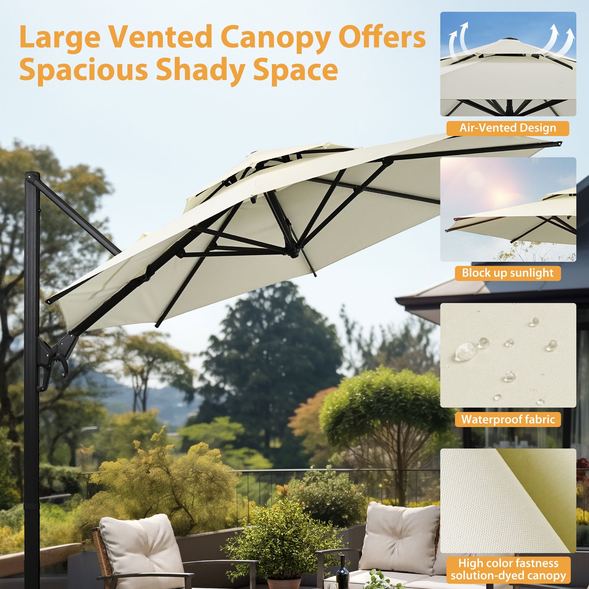 Ainfox 10ft Double Top Heavy-Duty Patio Cantilever Umbrella with lights and Cross Base, Outdoor Large Offset Hanging Aluminum Rotation Sun Shade Solar Umbrella with 360°Rotation Adjustable,Khaki