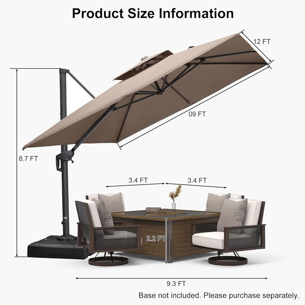 PURPLE LEAF Cantilever Umbrellas 12FT Square Large Patio Umbrella Offset Umbrella with 360°Rotation Tilting And Hanging Double Top, Grey