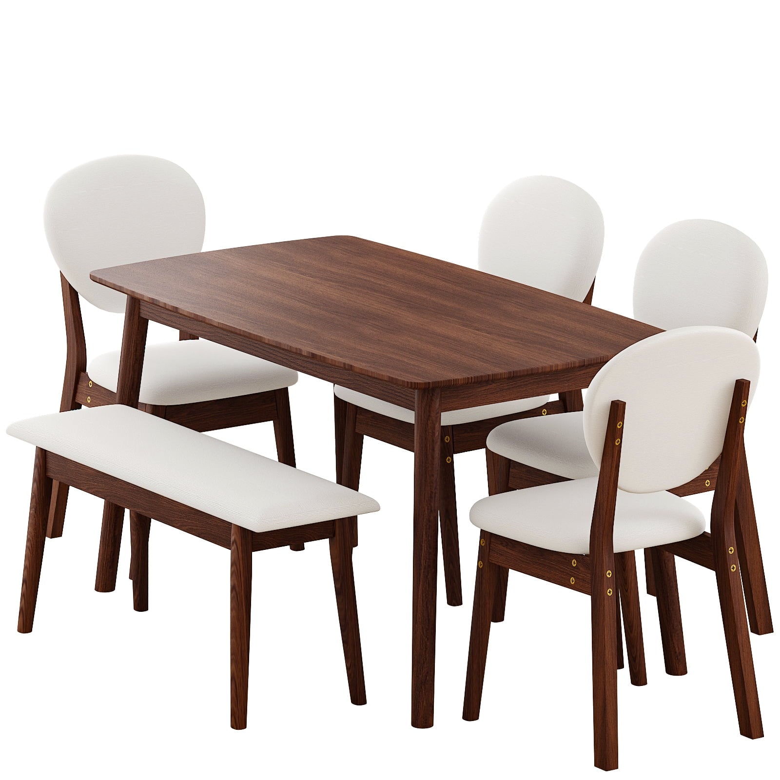 Ktaxon Solid Wood Dining Table Set for 6, Mid-Century Dining Room Table with 4 Padded Chairs & Bench, 47.3 Dining Room Set for 4~6 Family Use, Natural Wood