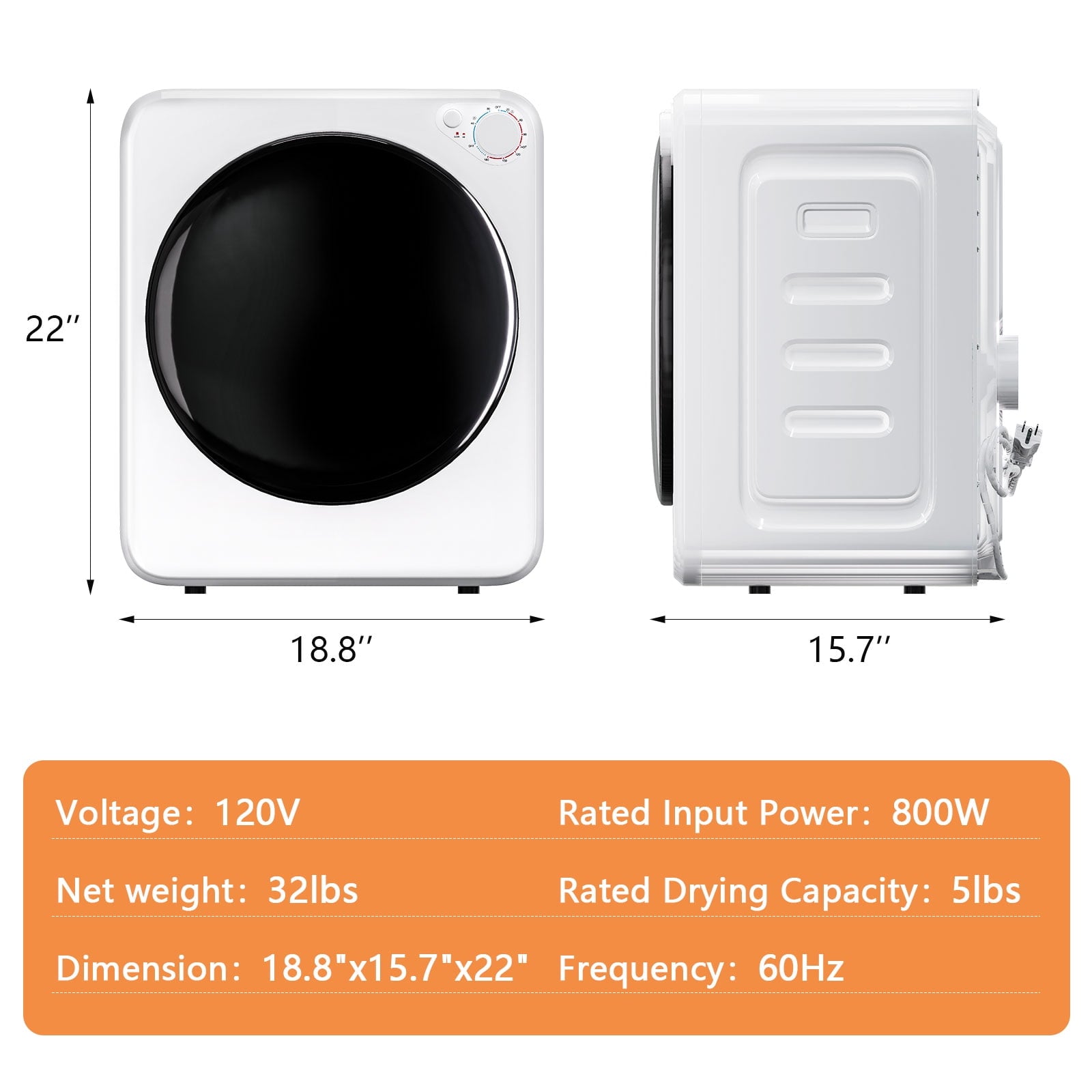 Dimedeal 1.8 cu.ft Portable Clothes Dryer, 800W Electric Compact Dryer Machine for Apartment & Small Spaces