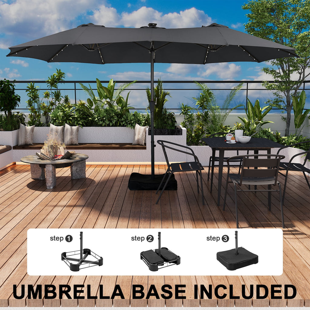 Ainfox 15ft Large Patio Umbrella with Solar Lights, Double-Sided Outdoor Rectangle Table Umbrellas with Sand Bag Base，Beige