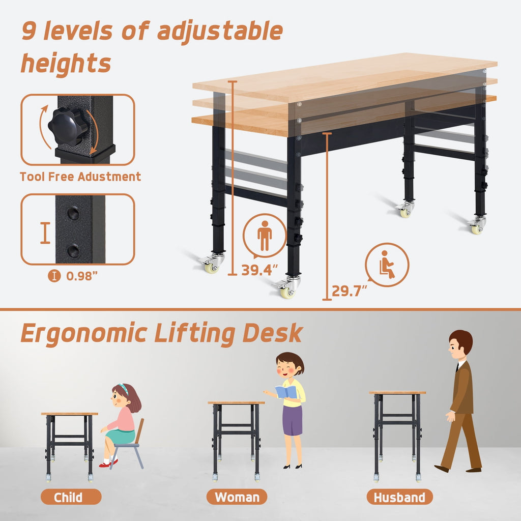 NETAJE 60 Heavy-Duty Work Bench Adjustable Workbench Work Table 2000 lb Load Capacity w/ Power Outlets for Garage, Workshop, Workstation