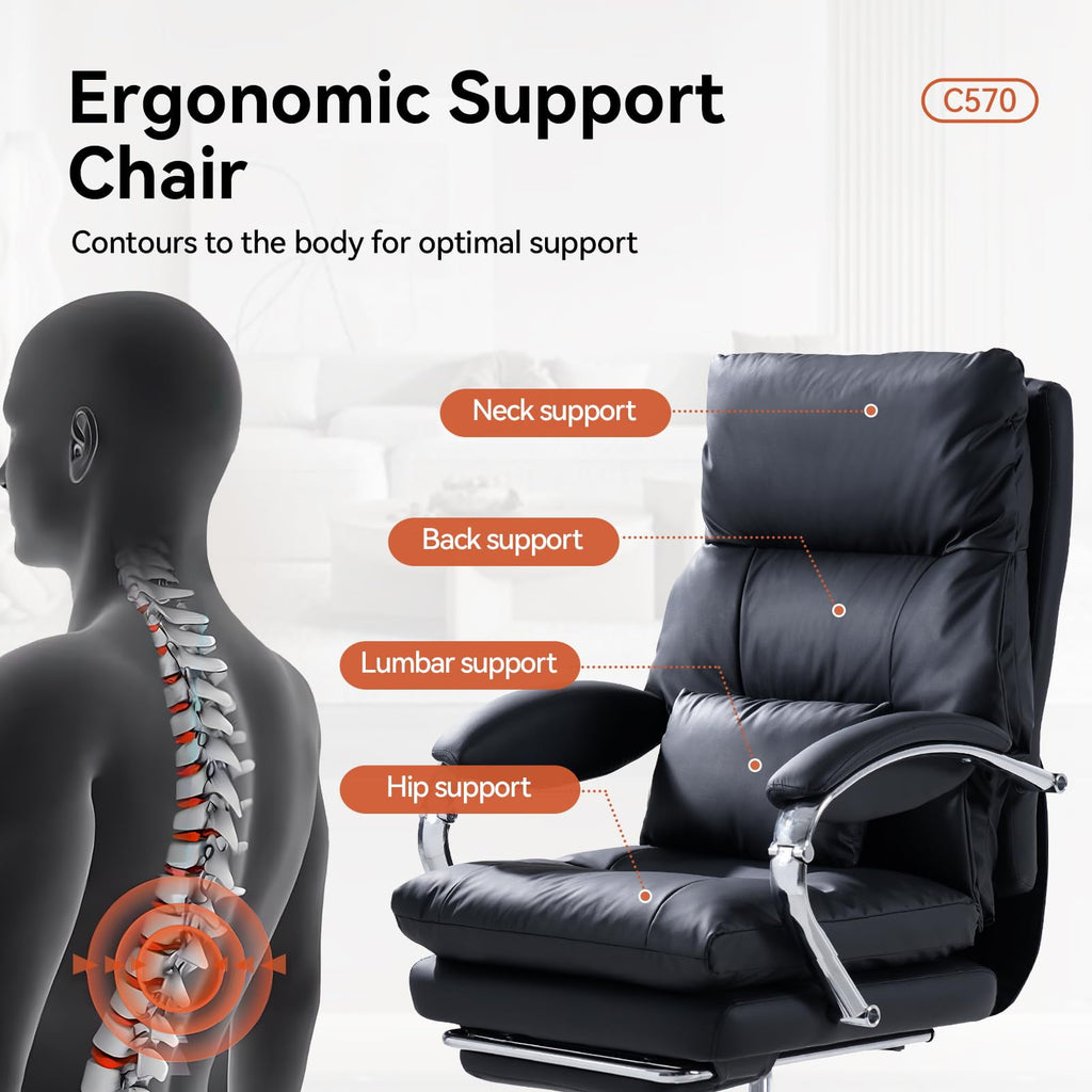 LEAGOO Reclining Office Chair with Foot Rest, Executive Office Chairs with Arms, Ergonomic High Back PU Leather Comfy Swivel Computer Desk Chairs with Wheels and Lumbar Support for Home Office, White