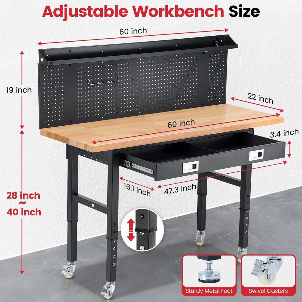 Workbench for Garage,ENJOYWOOD Heavy Duty 48 inch Wood Work Bench with Drawers,Led Lights, Pegboard and Wheels,Rubber Wood Tabletop,2000 LBS Load Bearing Workstation Garage Desk Table Worktable