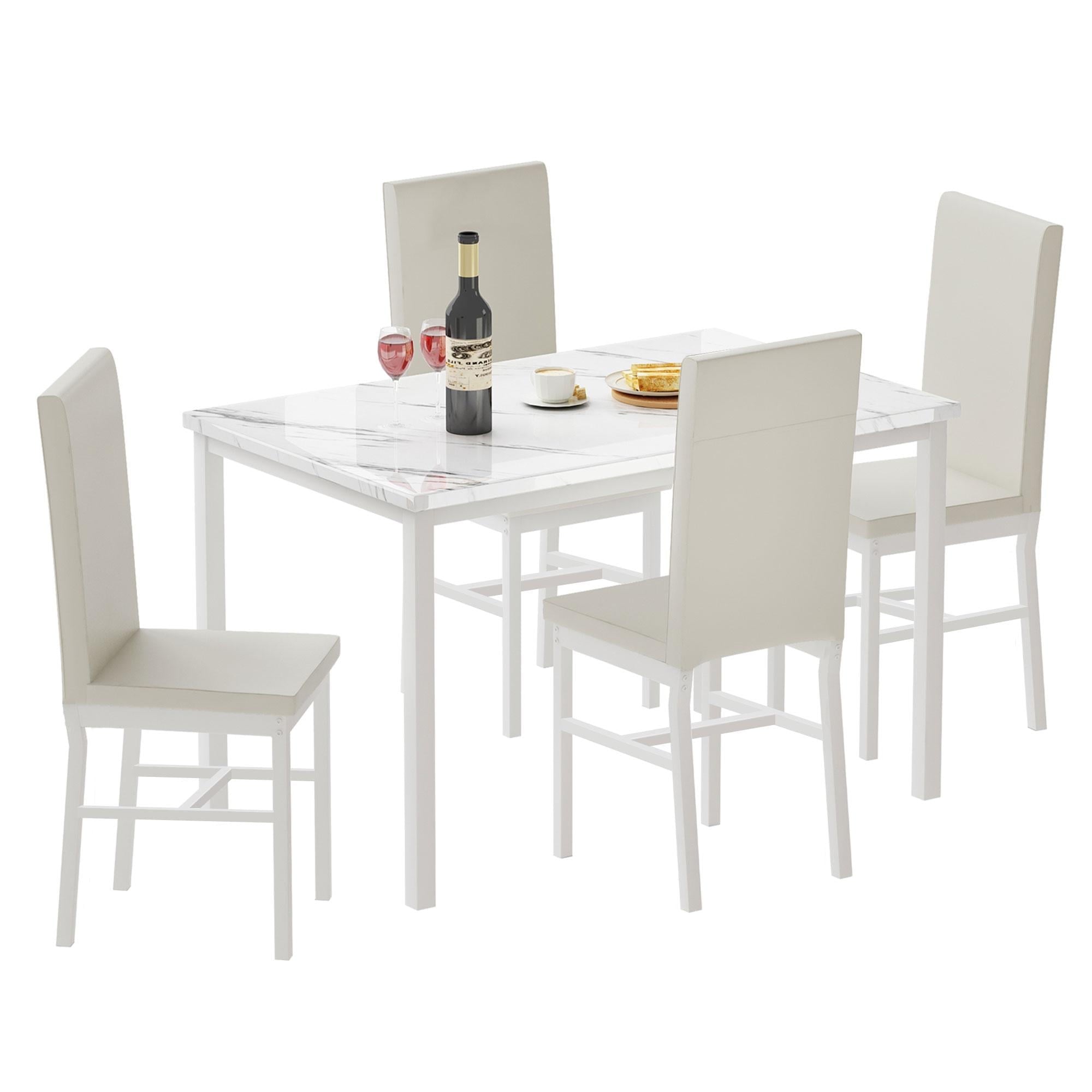 5 Piece Dining Table Set, Modern Faux Marble Tabletop and 4 PU Leather Upholstered Chairs, Rectangle Kitchen Table and Chairs for 4 Persons, Small Dining Set for Bar Dining Room Breakfast Nook