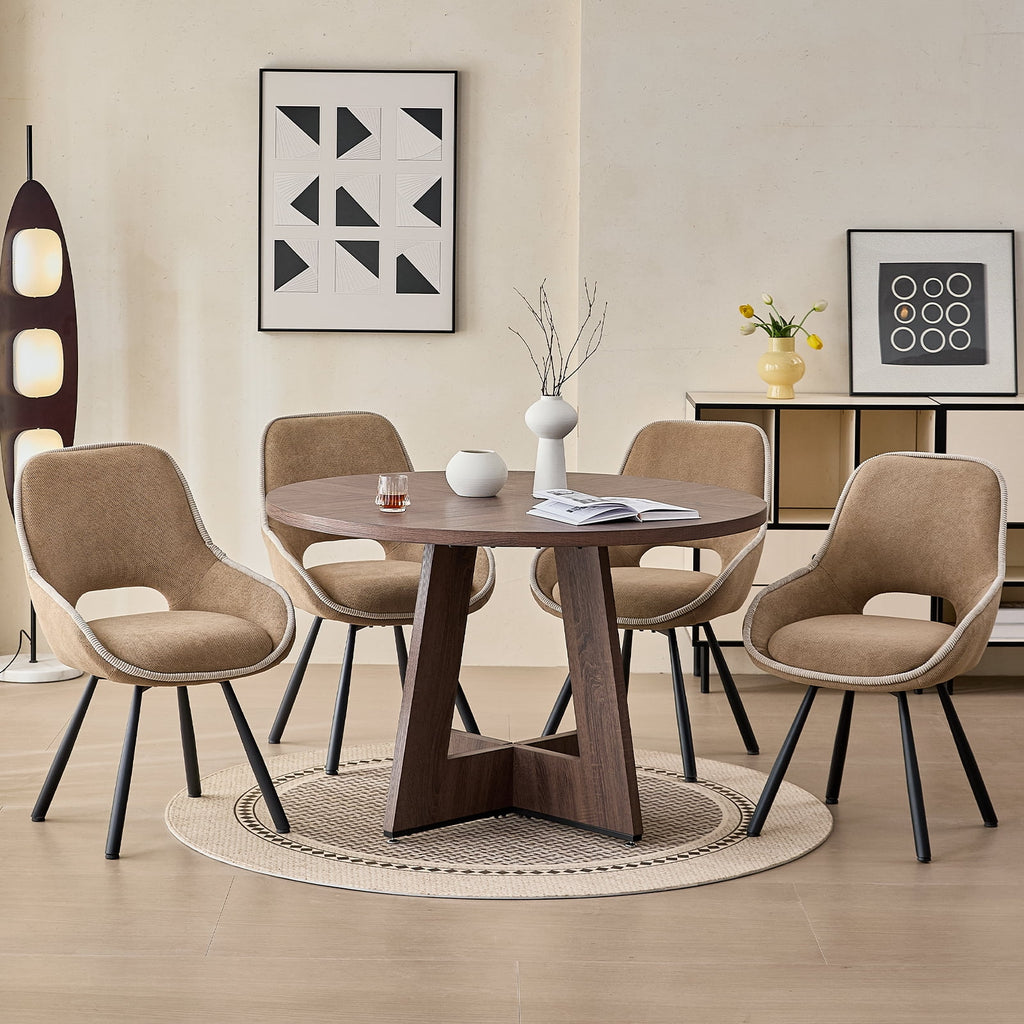 5 Piece 47'' Round Dining Table Chairs Set for 4, Farmhouse Oak Kitchen Table with 4 Boucle Mid Century Modern Dinning Room Chairs, Wood Dinner Table &Upholstered Chair Set of 4, Beige