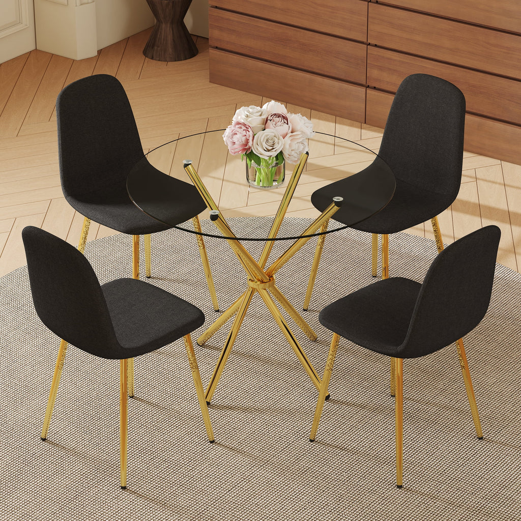 LUFTUT 36.6 Round Glass Dining Table, Modern Gold Base Kitchen Table, Small Space Bistro Table, Clear Tempered Glass Top for Apartmen