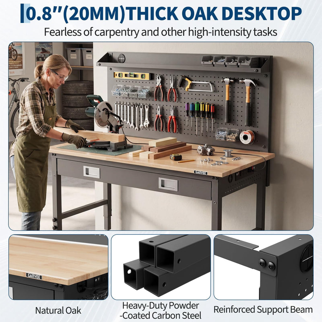 Garvee Work Tables for Workshop, 48 x 24 Workbench with Integrated Drawer, Back Panel & 5-Level Adjustable Height, Black
