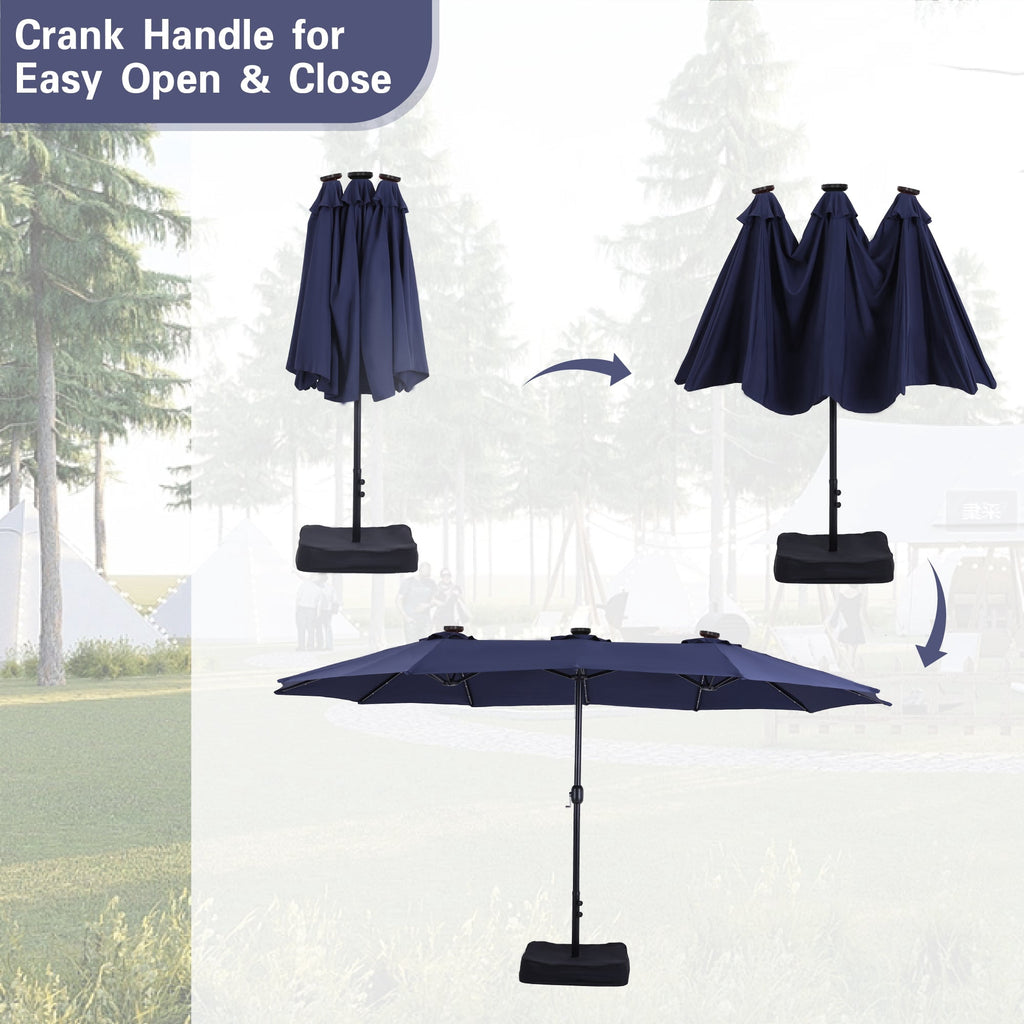 Alpha Joy 15ft Extra Large Outdoor Patio Double-Sided Umbrella with LED Solar Lights & Umbrella Base, Beige