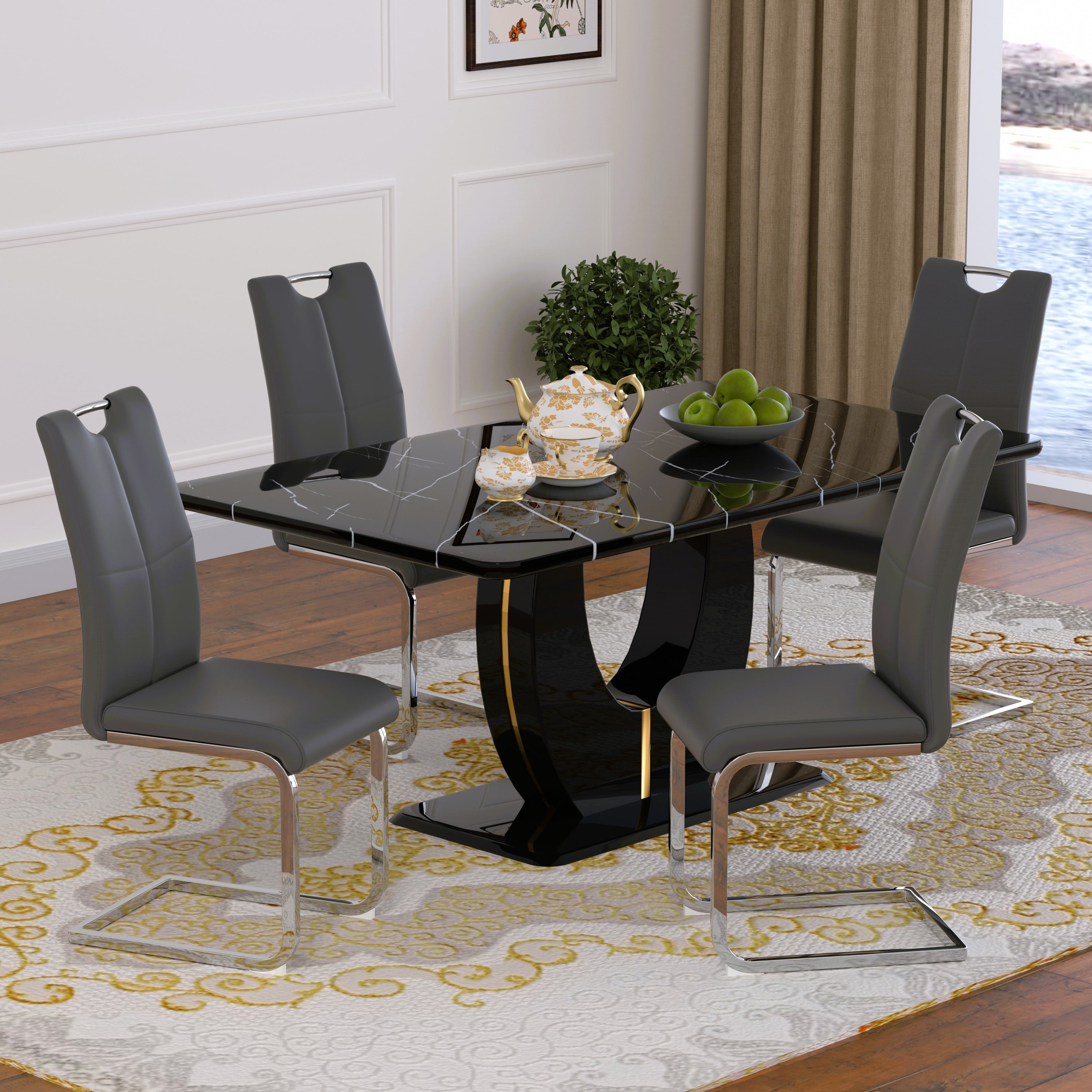 63 Modern White Rectangle Faux Marble Dining Table Room Sets for 4,Dining Table with 4 Velvet Dining Chairs,White Table and 4 Gray Chairs with Silver Leg