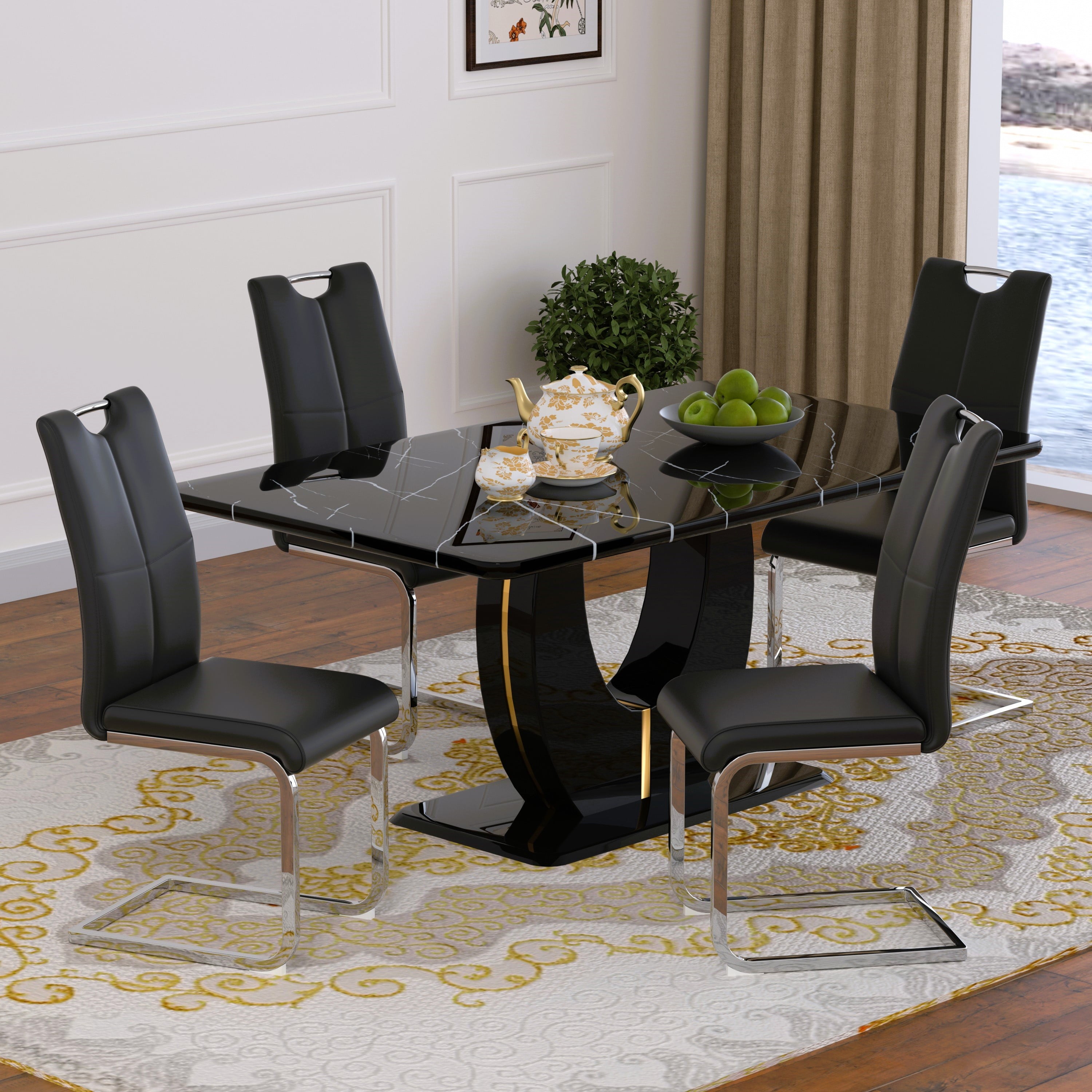 63 Modern White Rectangle Faux Marble Dining Table Room Sets for 4,Dining Table with 4 Velvet Dining Chairs,White Table and 4 Gray Chairs with Silver Leg
