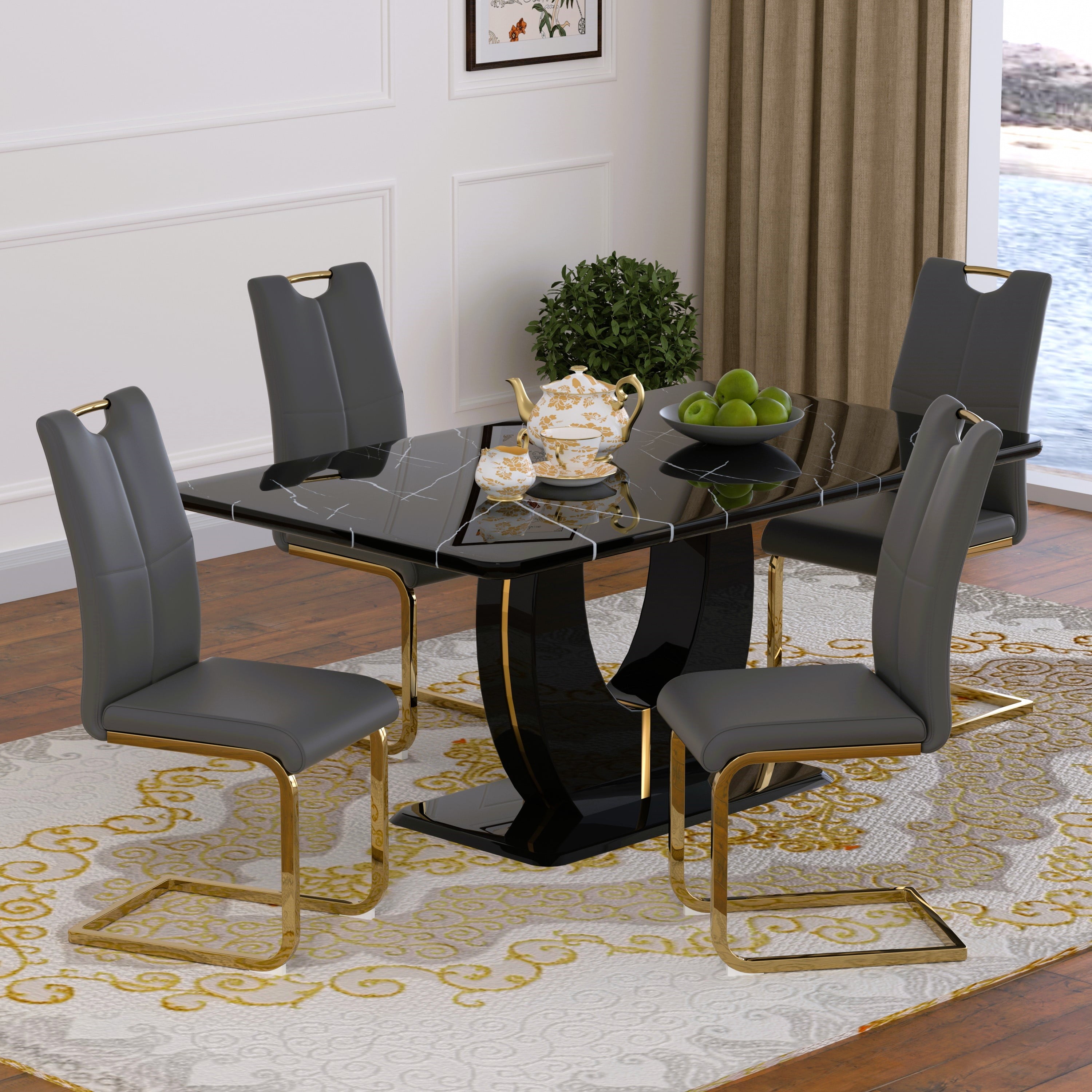 63 Modern White Rectangle Faux Marble Dining Table Room Sets for 4,Dining Table with 4 Velvet Dining Chairs,White Table and 4 Gray Chairs with Silver Leg