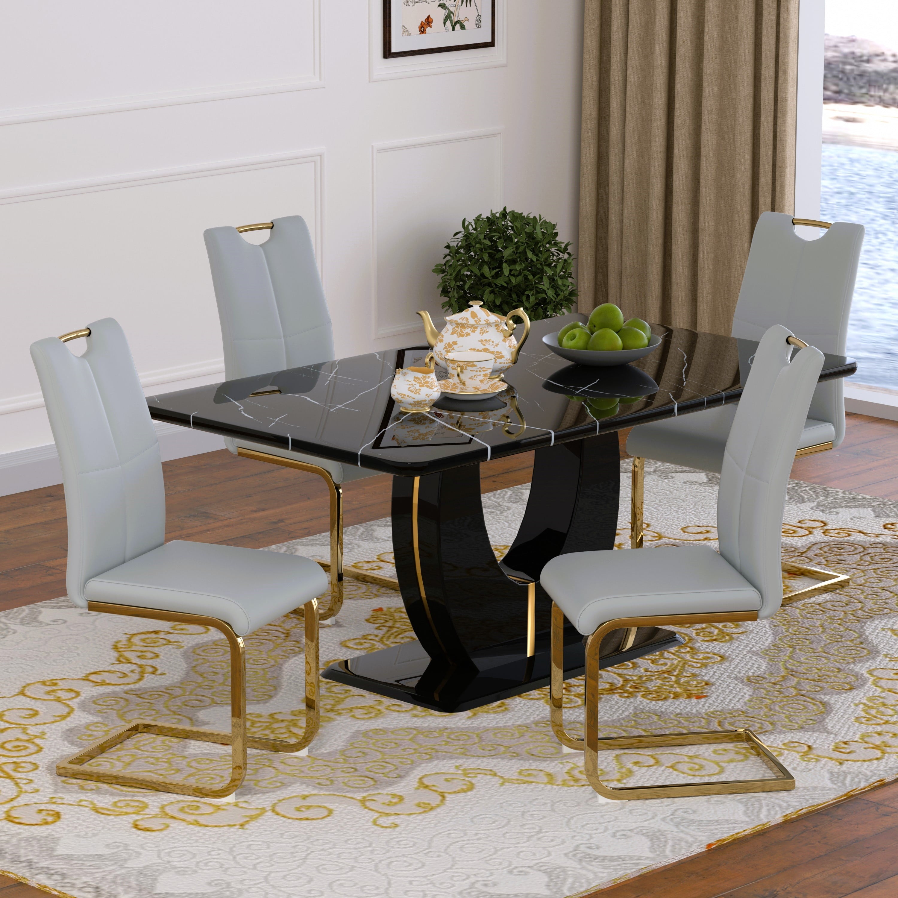 63 Modern White Rectangle Faux Marble Dining Table Room Sets for 4,Dining Table with 4 Velvet Dining Chairs,White Table and 4 Gray Chairs with Silver Leg