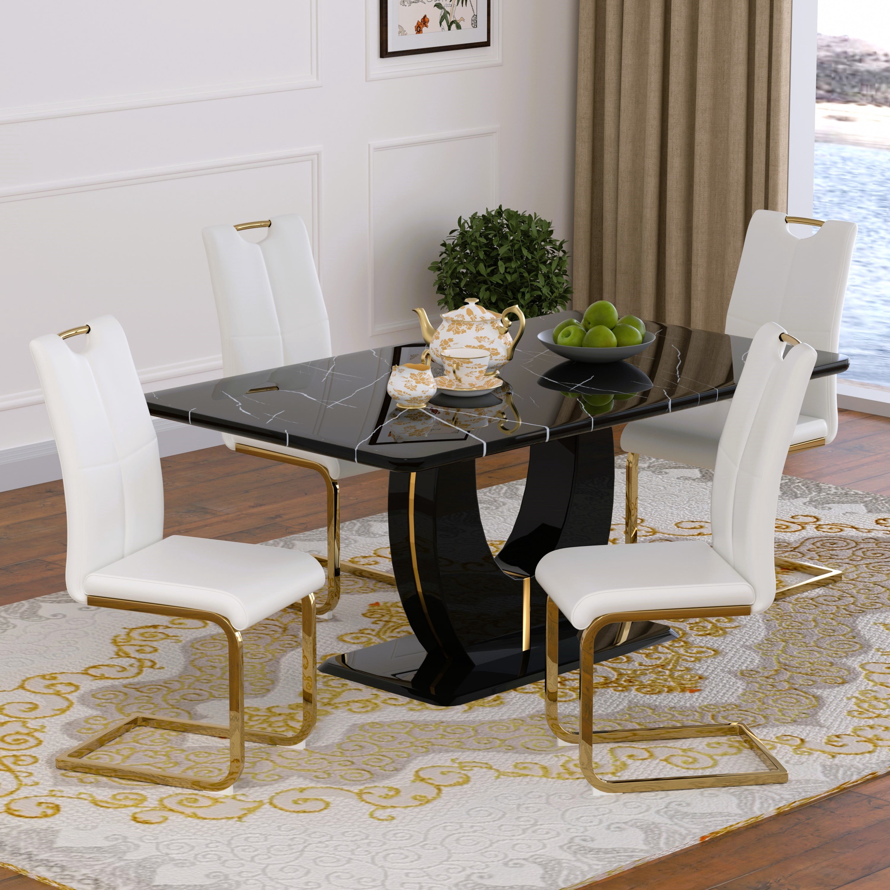 63 Modern White Rectangle Faux Marble Dining Table Room Sets for 4,Dining Table with 4 Velvet Dining Chairs,White Table and 4 Gray Chairs with Silver Leg