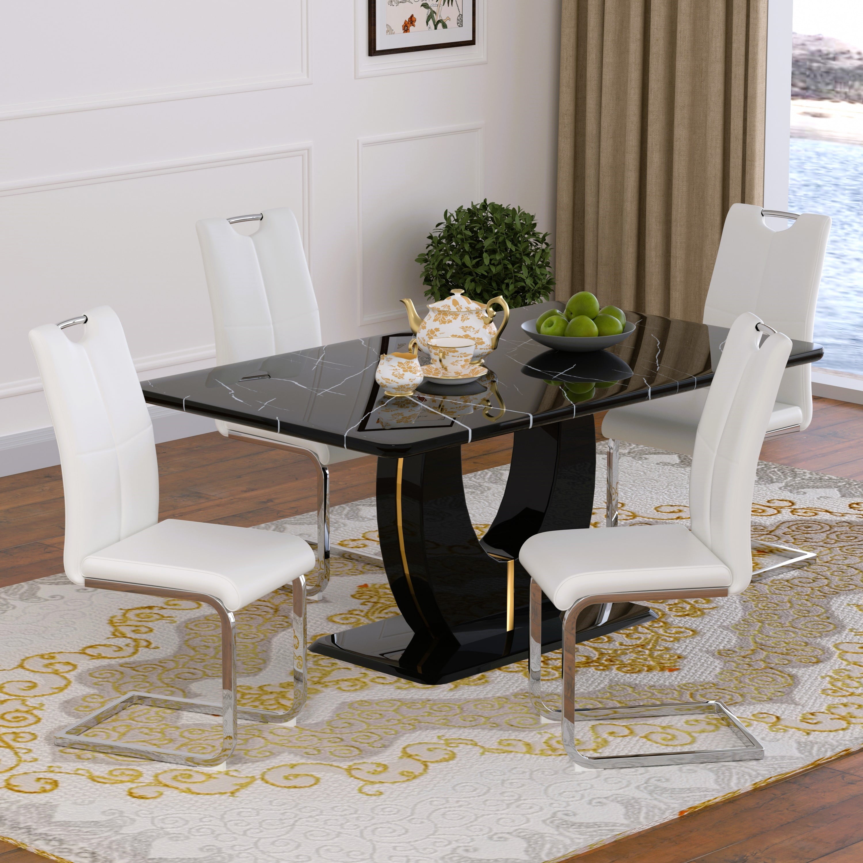 63 Modern White Rectangle Faux Marble Dining Table Room Sets for 4,Dining Table with 4 Velvet Dining Chairs,White Table and 4 Gray Chairs with Silver Leg