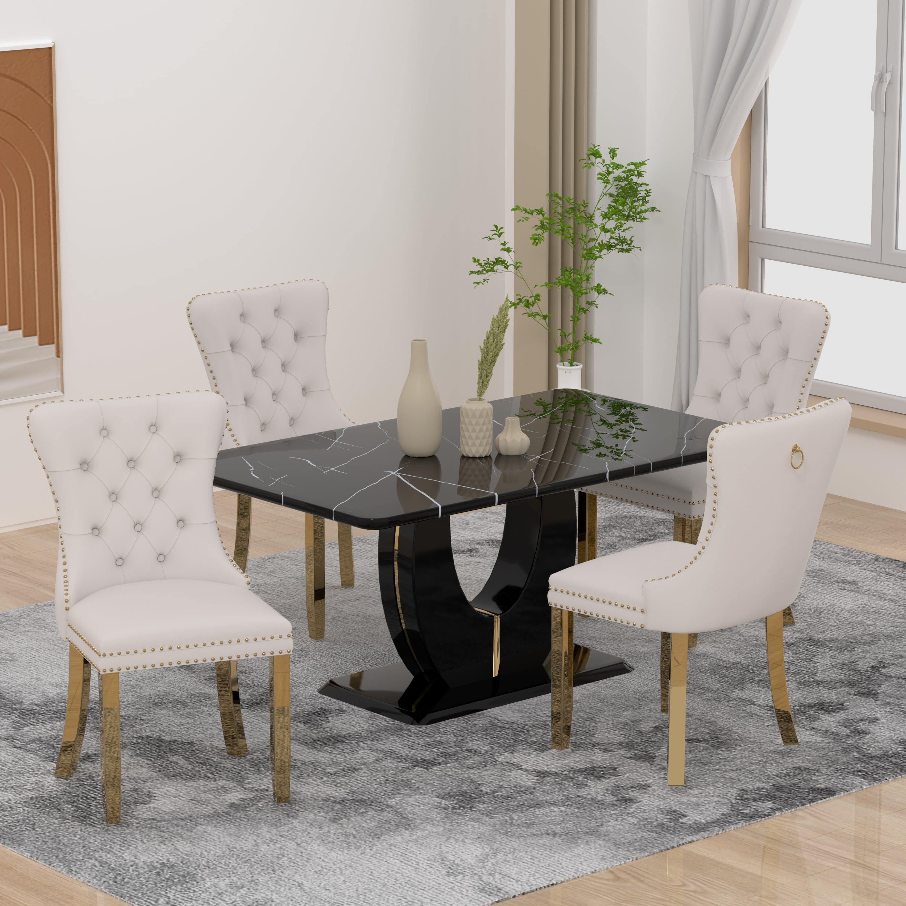 63 Modern White Rectangle Faux Marble Dining Table Room Sets for 4,Dining Table with 4 Velvet Dining Chairs,White Table and 4 Gray Chairs with Silver Leg