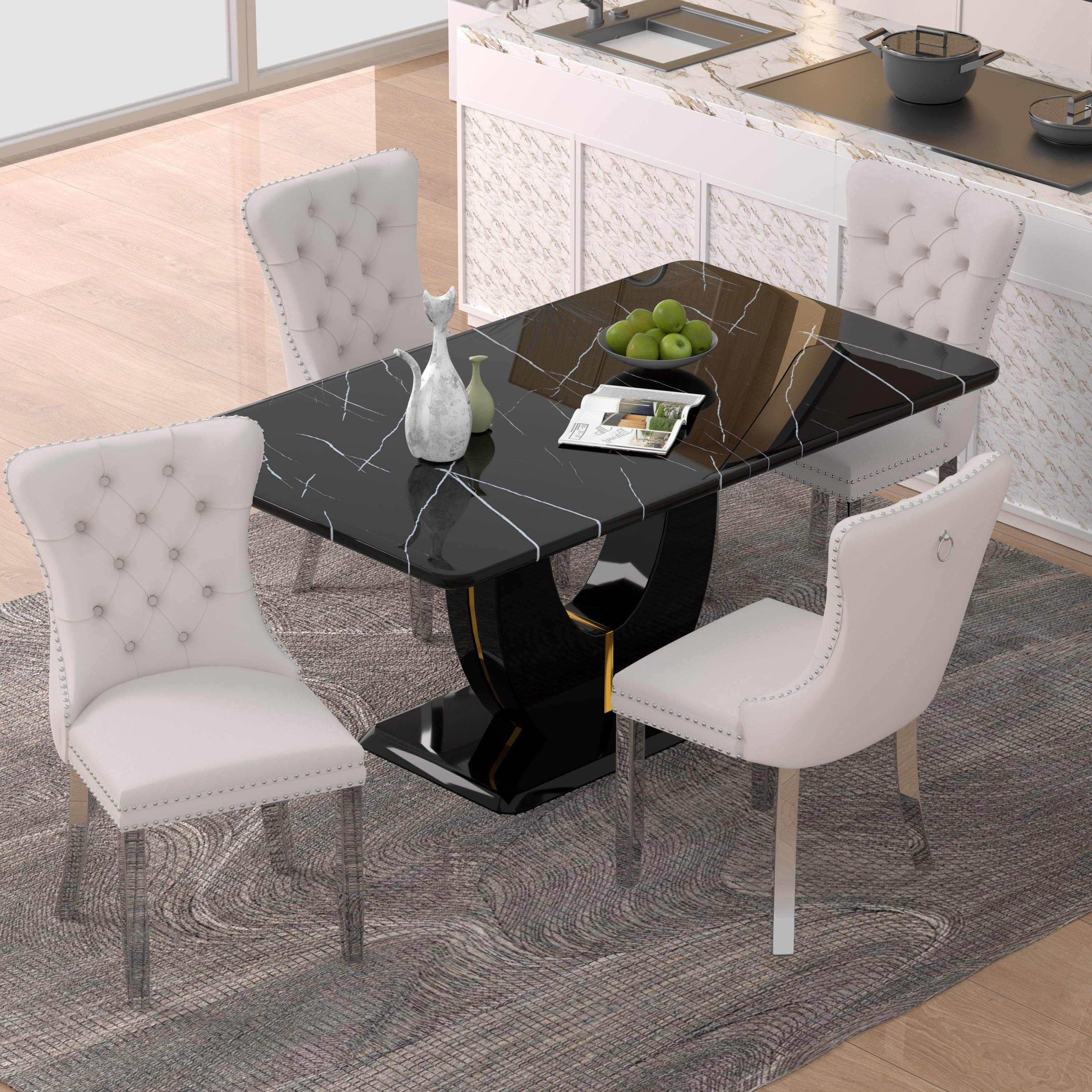 63 Modern White Rectangle Faux Marble Dining Table Room Sets for 4,Dining Table with 4 Velvet Dining Chairs,White Table and 4 Gray Chairs with Silver Leg