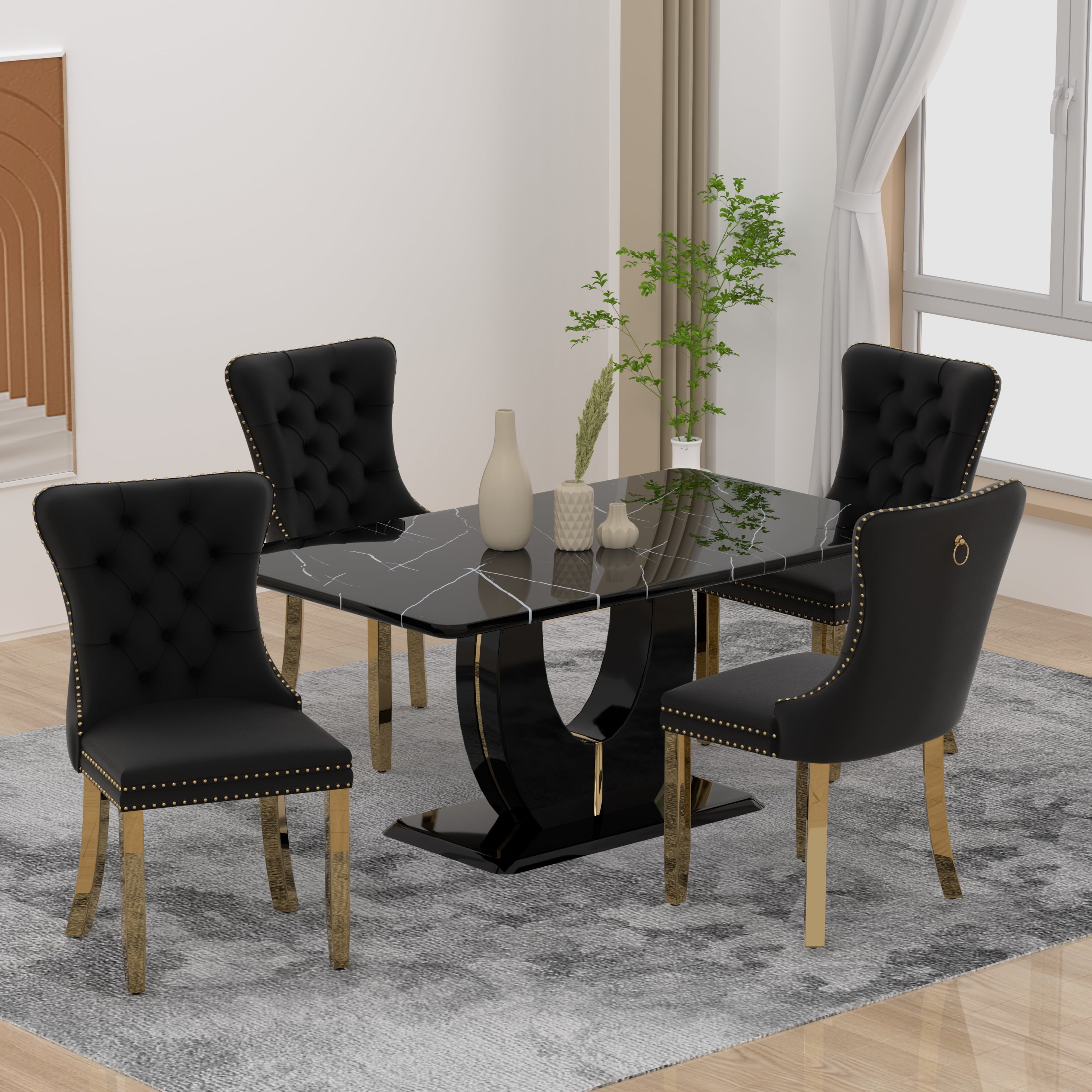 63 Modern White Rectangle Faux Marble Dining Table Room Sets for 4,Dining Table with 4 Velvet Dining Chairs,White Table and 4 Gray Chairs with Silver Leg