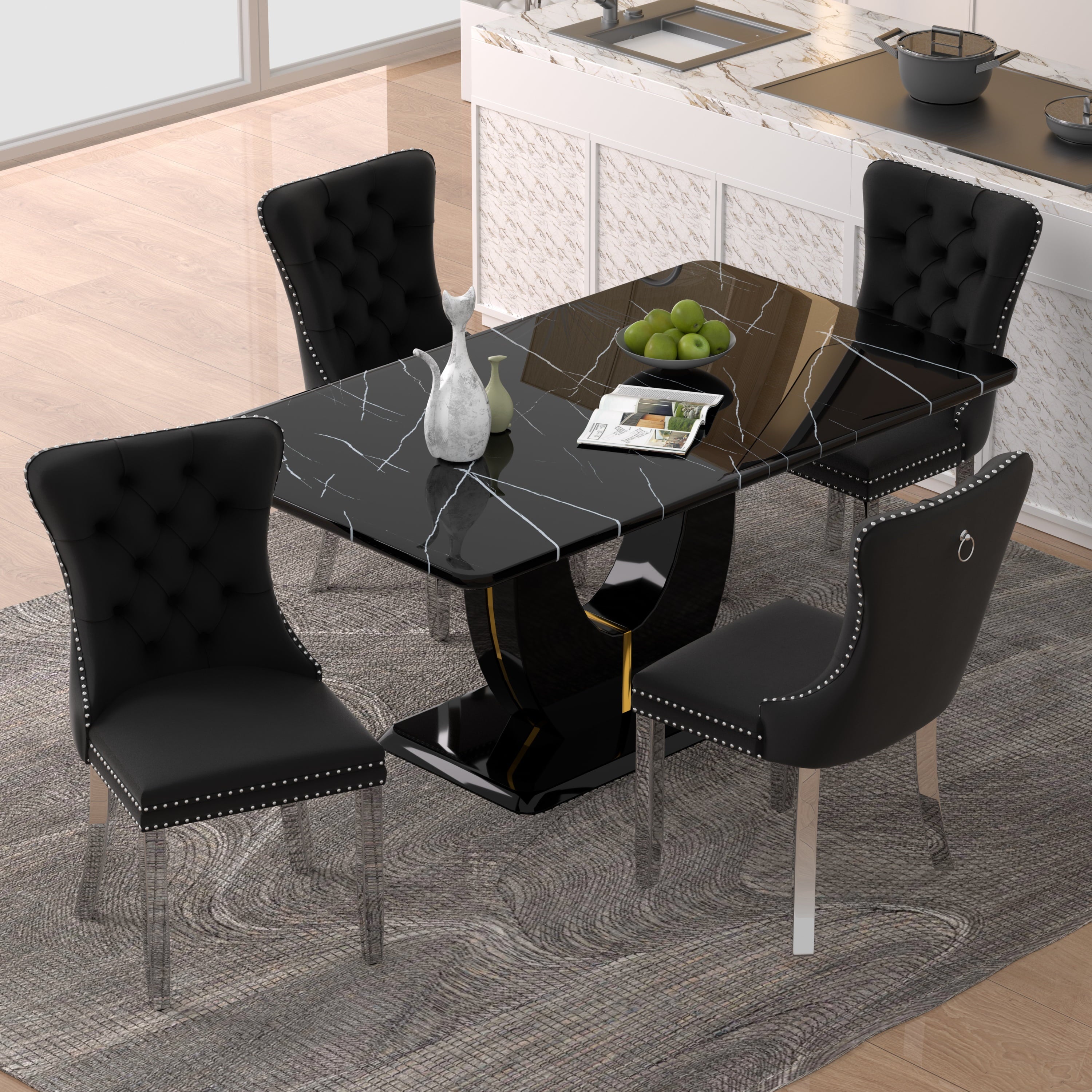 63 Modern White Rectangle Faux Marble Dining Table Room Sets for 4,Dining Table with 4 Velvet Dining Chairs,White Table and 4 Gray Chairs with Silver Leg