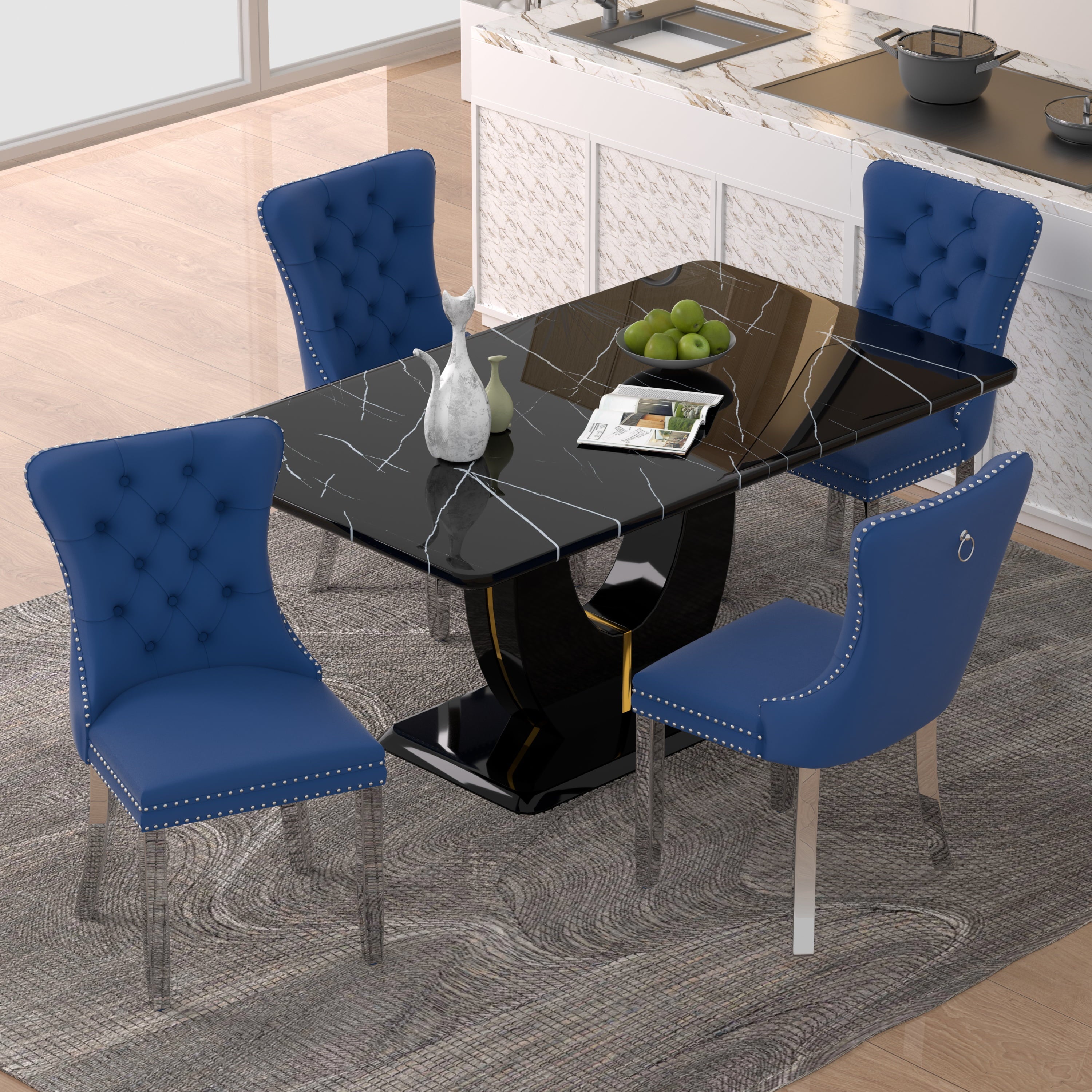 63 Modern White Rectangle Faux Marble Dining Table Room Sets for 4,Dining Table with 4 Velvet Dining Chairs,White Table and 4 Gray Chairs with Silver Leg