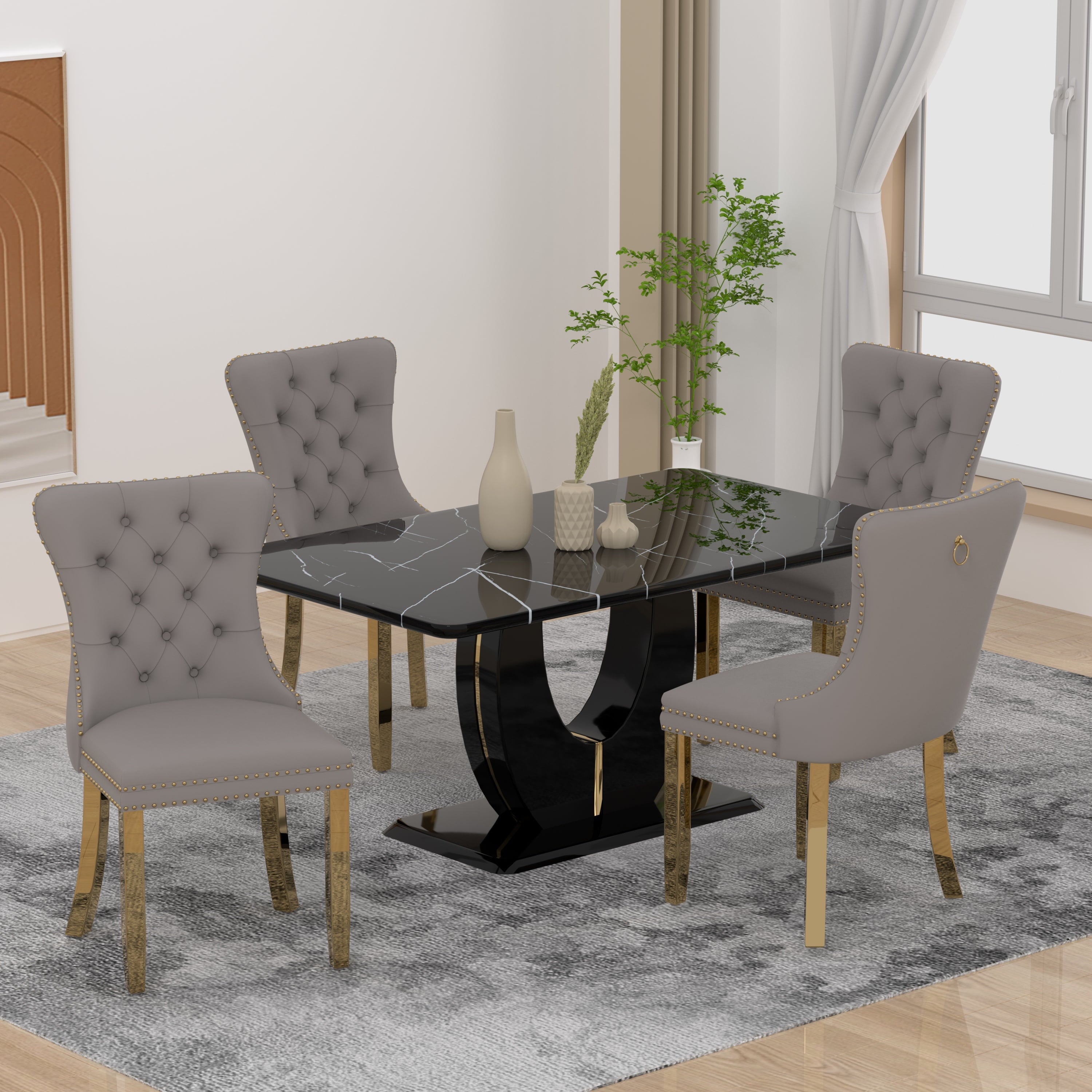 63 Modern White Rectangle Faux Marble Dining Table Room Sets for 4,Dining Table with 4 Velvet Dining Chairs,White Table and 4 Gray Chairs with Silver Leg