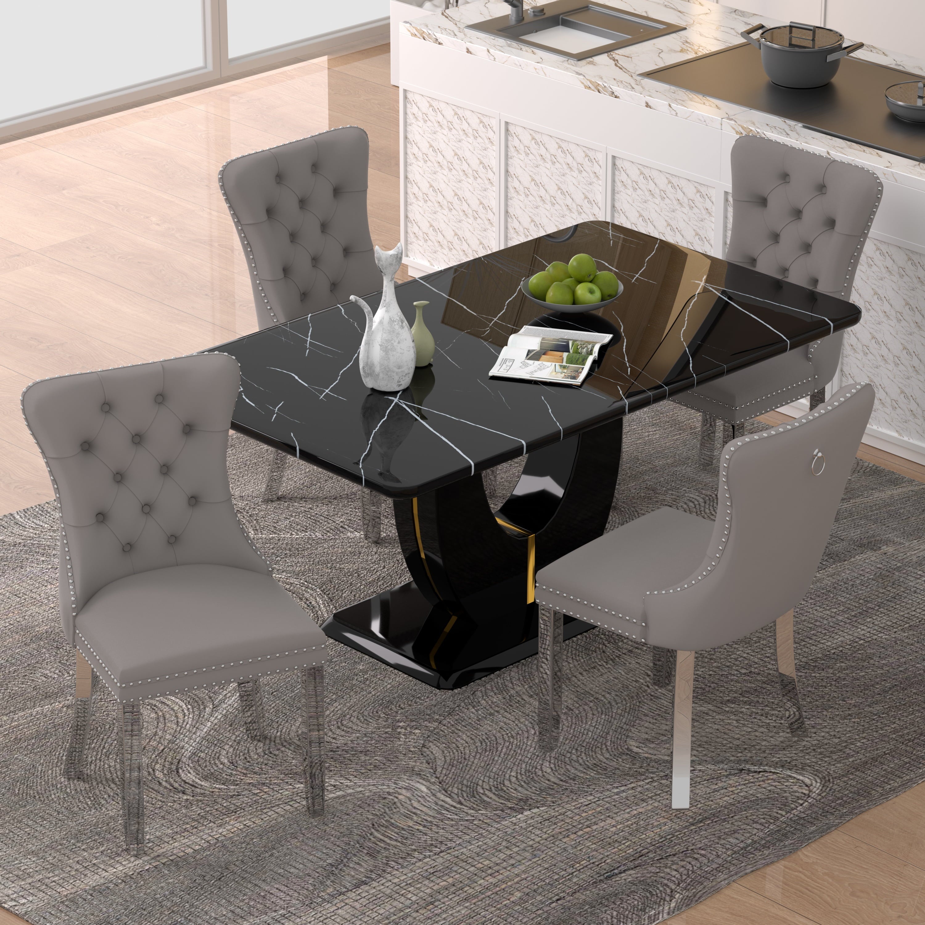 63 Modern White Rectangle Faux Marble Dining Table Room Sets for 4,Dining Table with 4 Velvet Dining Chairs,White Table and 4 Gray Chairs with Silver Leg