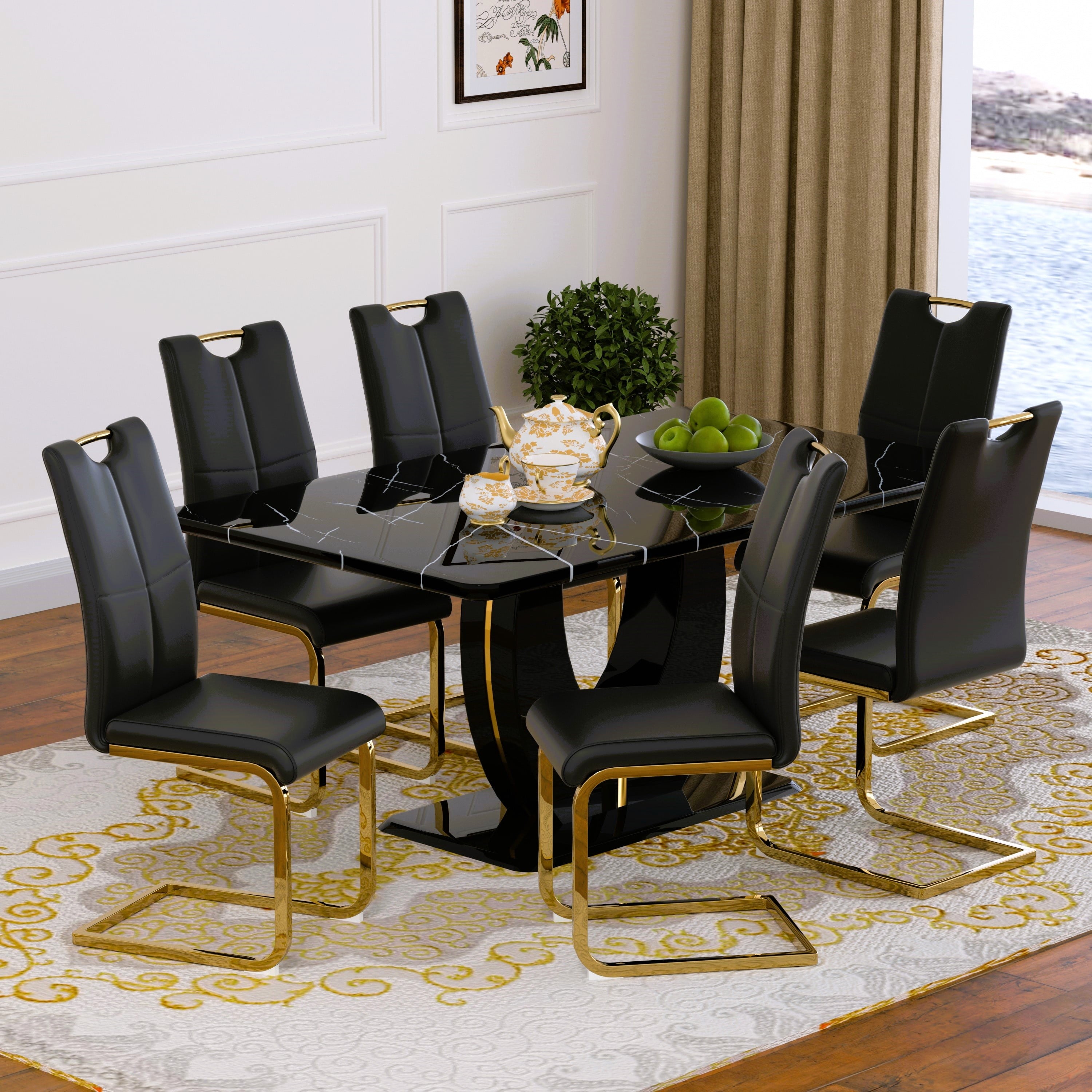 63 Modern White Rectangle Faux Marble Dining Table Room Sets for 4,Dining Table with 4 Velvet Dining Chairs,White Table and 4 Gray Chairs with Silver Leg