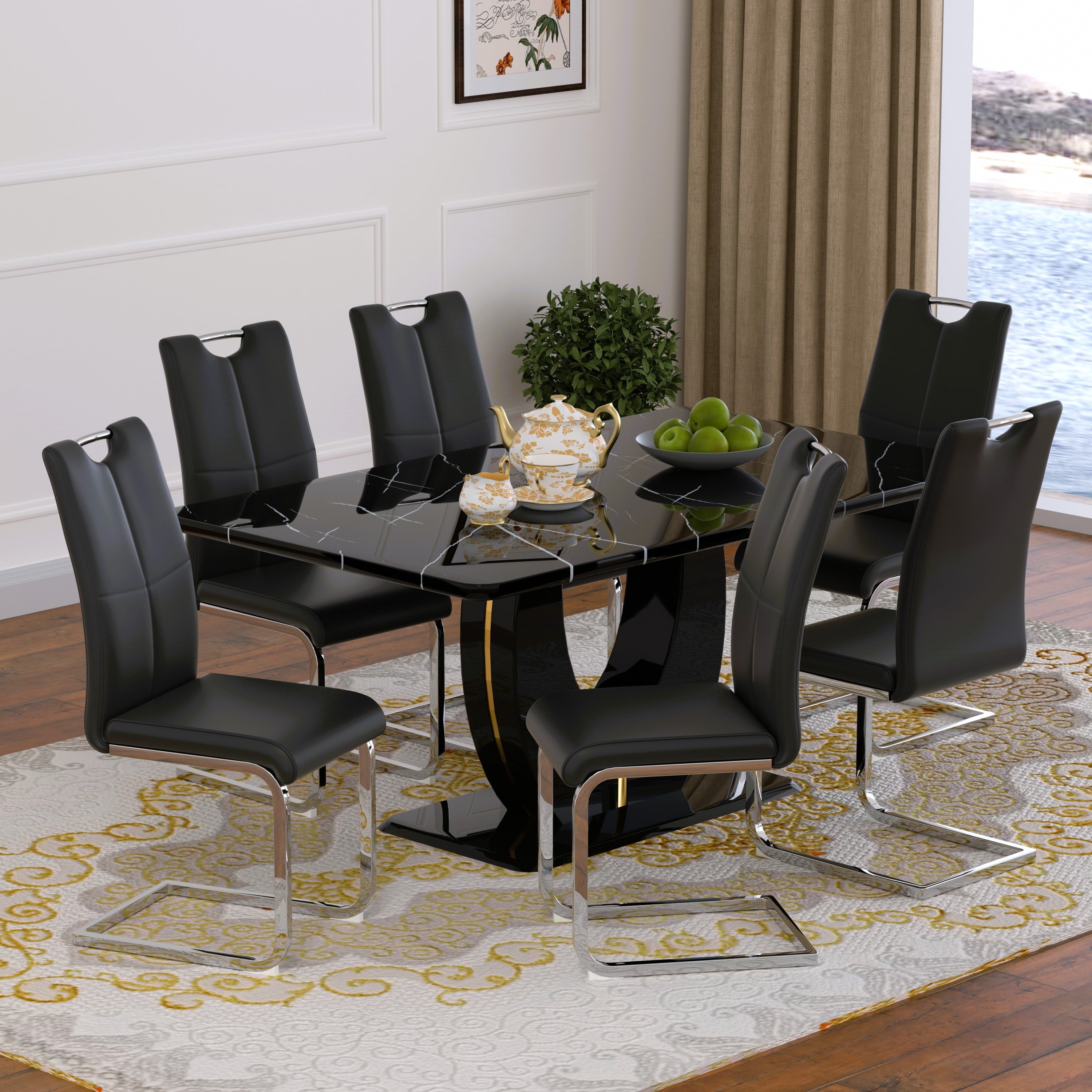 63 Modern White Rectangle Faux Marble Dining Table Room Sets for 4,Dining Table with 4 Velvet Dining Chairs,White Table and 4 Gray Chairs with Silver Leg