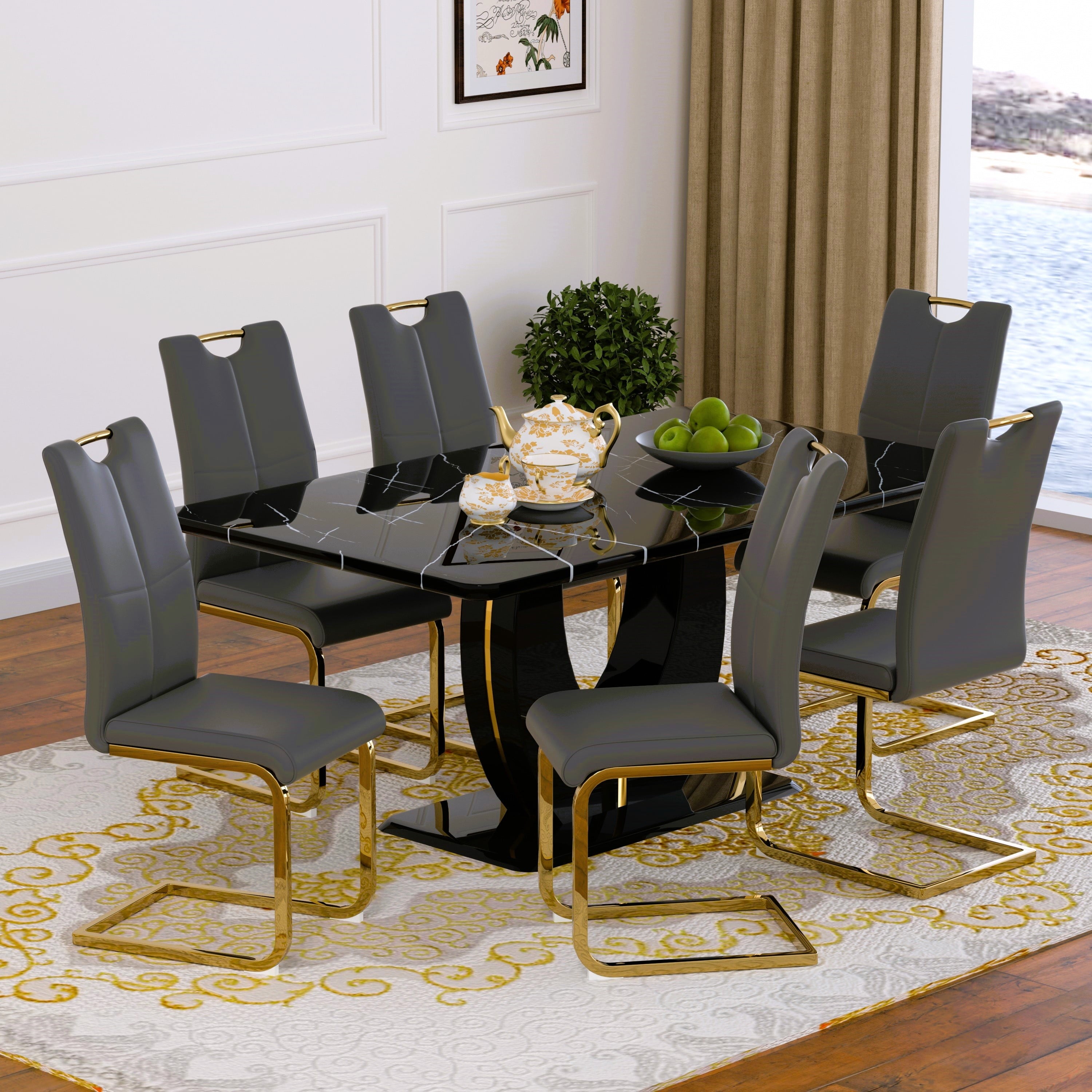 63 Modern White Rectangle Faux Marble Dining Table Room Sets for 4,Dining Table with 4 Velvet Dining Chairs,White Table and 4 Gray Chairs with Silver Leg