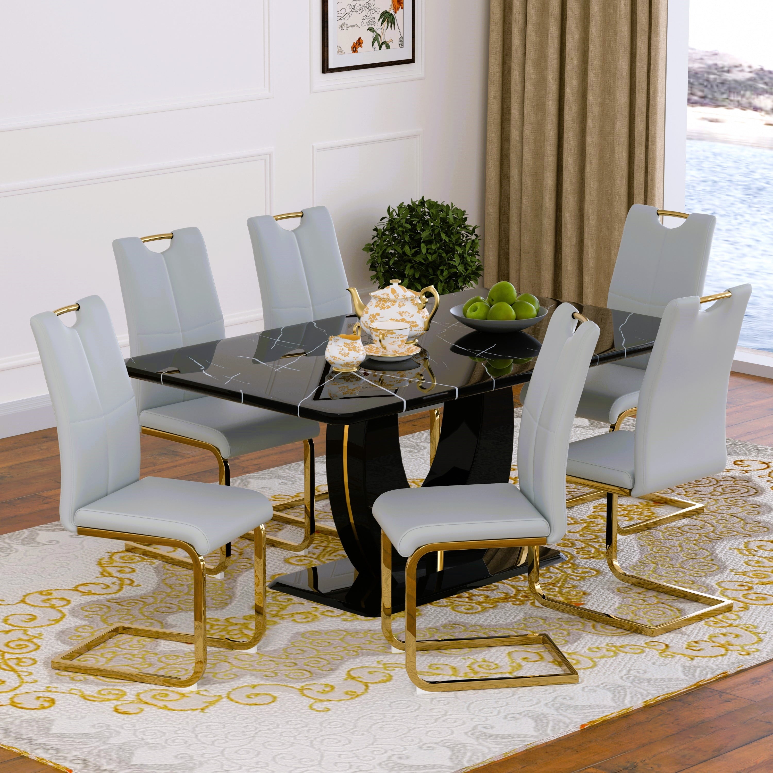 63 Modern White Rectangle Faux Marble Dining Table Room Sets for 4,Dining Table with 4 Velvet Dining Chairs,White Table and 4 Gray Chairs with Silver Leg