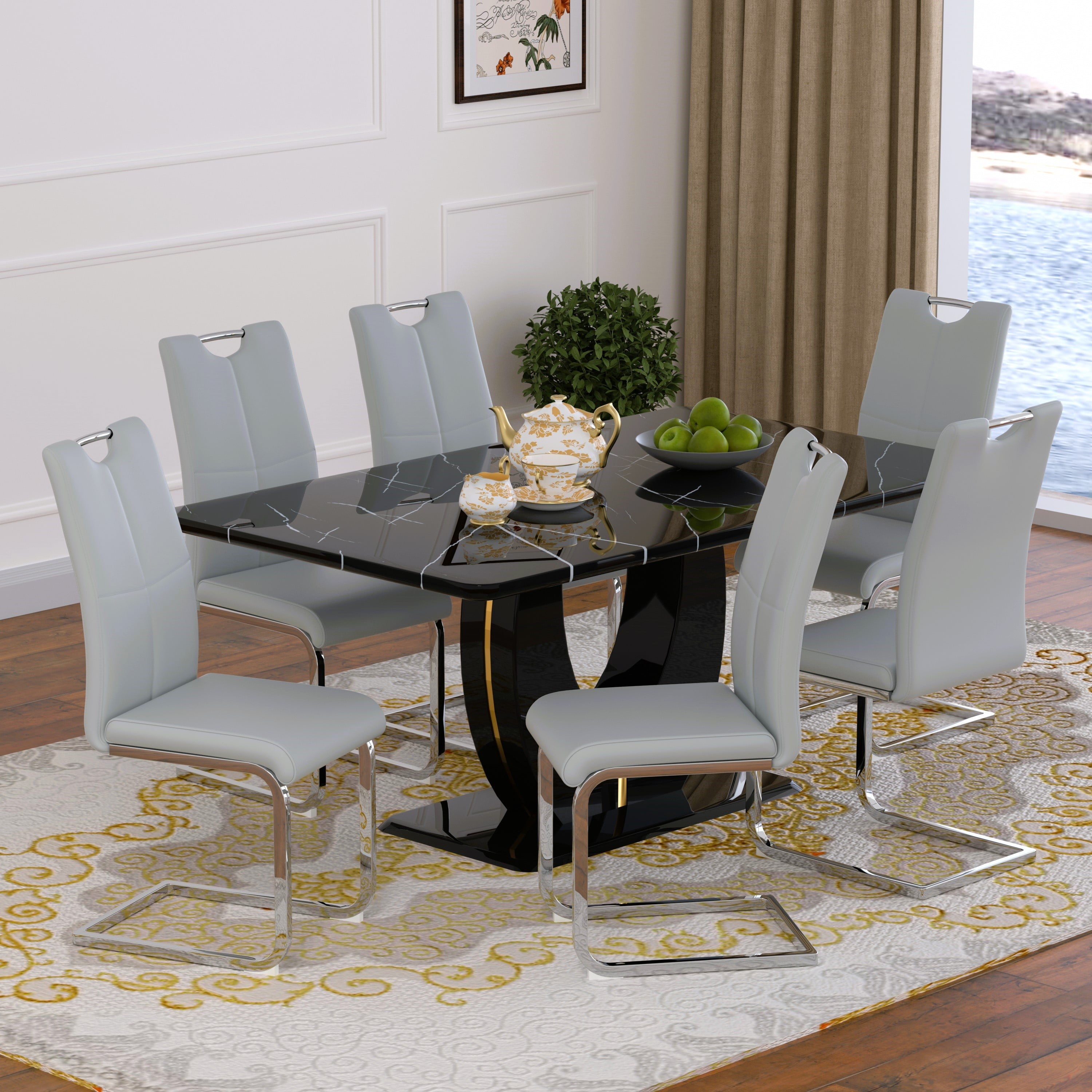 63 Modern White Rectangle Faux Marble Dining Table Room Sets for 4,Dining Table with 4 Velvet Dining Chairs,White Table and 4 Gray Chairs with Silver Leg