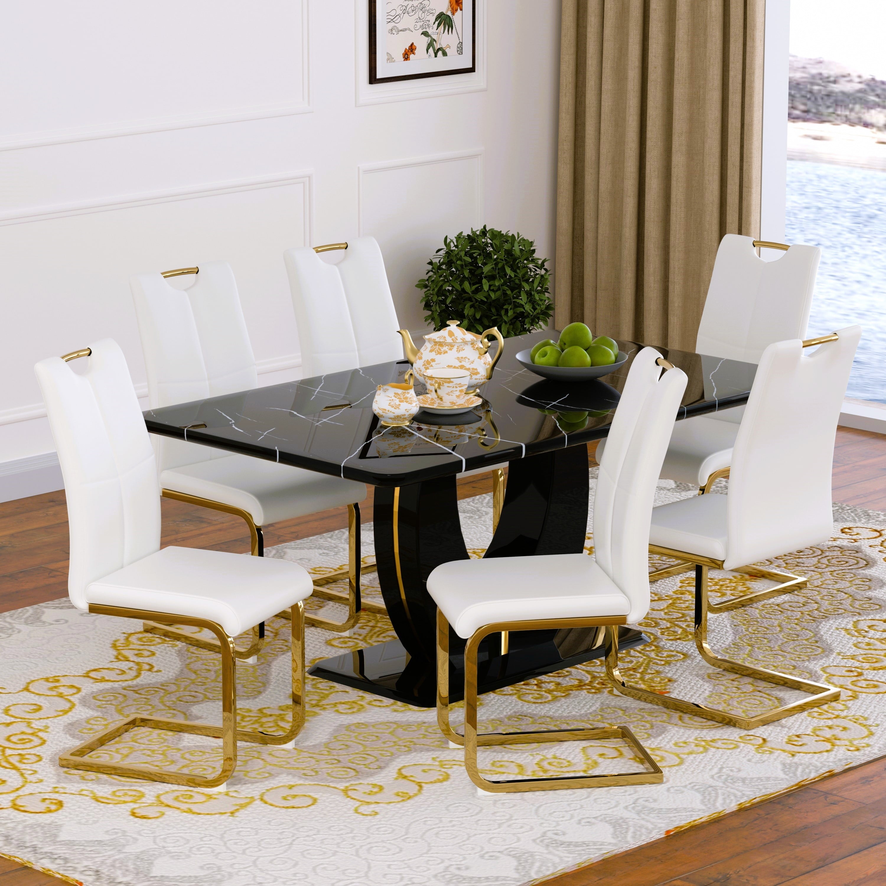 63 Modern White Rectangle Faux Marble Dining Table Room Sets for 4,Dining Table with 4 Velvet Dining Chairs,White Table and 4 Gray Chairs with Silver Leg