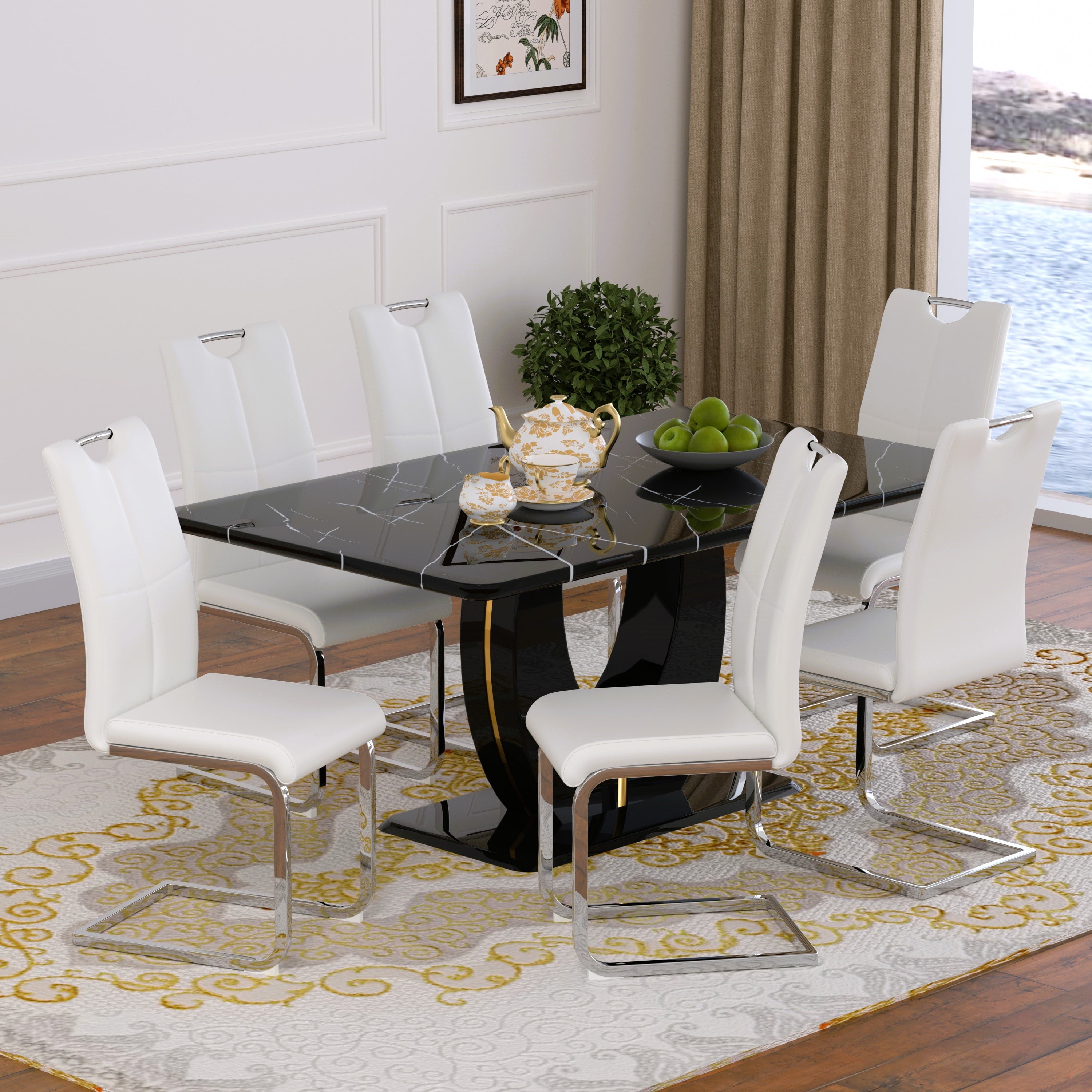 63 Modern White Rectangle Faux Marble Dining Table Room Sets for 4,Dining Table with 4 Velvet Dining Chairs,White Table and 4 Gray Chairs with Silver Leg