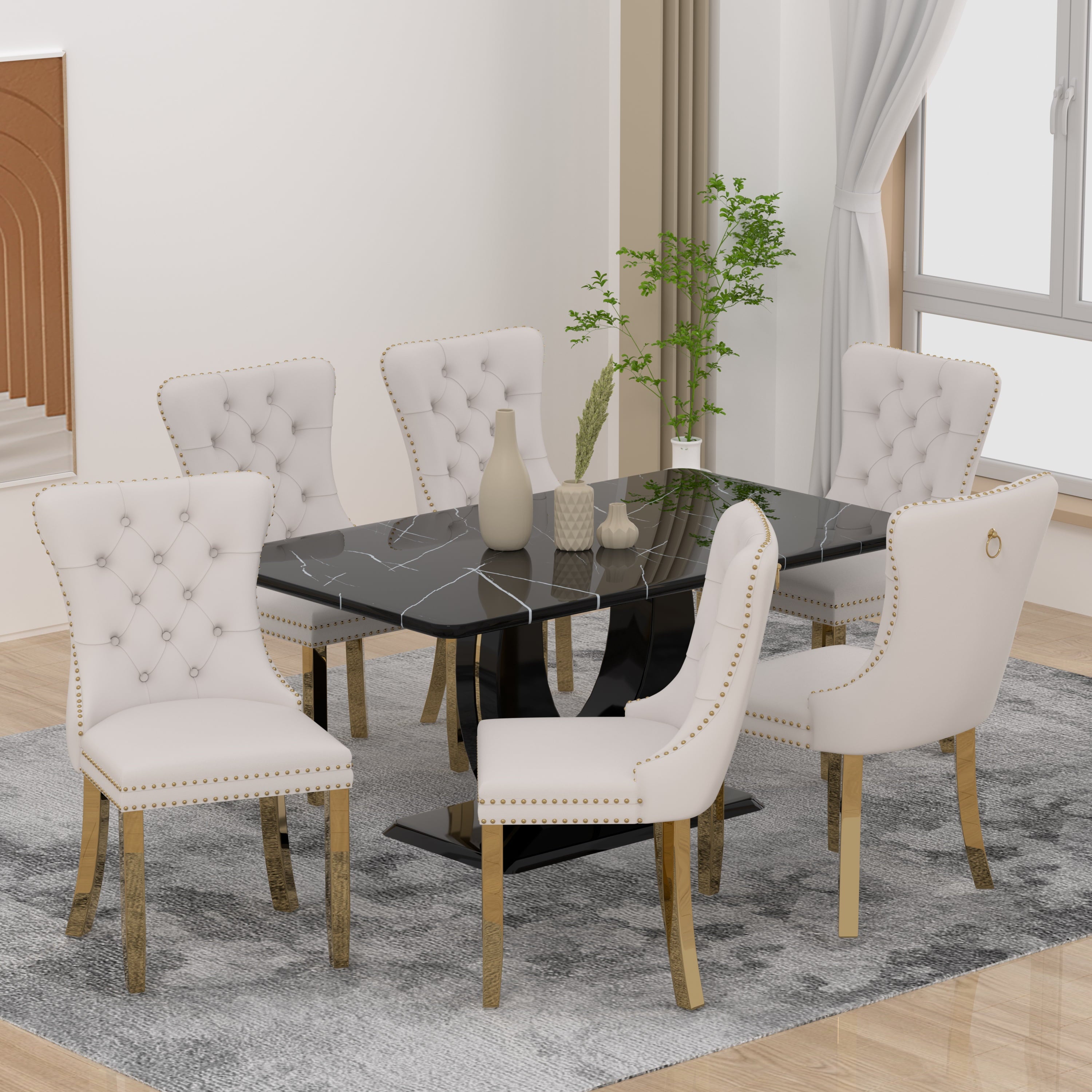 63 Modern White Rectangle Faux Marble Dining Table Room Sets for 4,Dining Table with 4 Velvet Dining Chairs,White Table and 4 Gray Chairs with Silver Leg