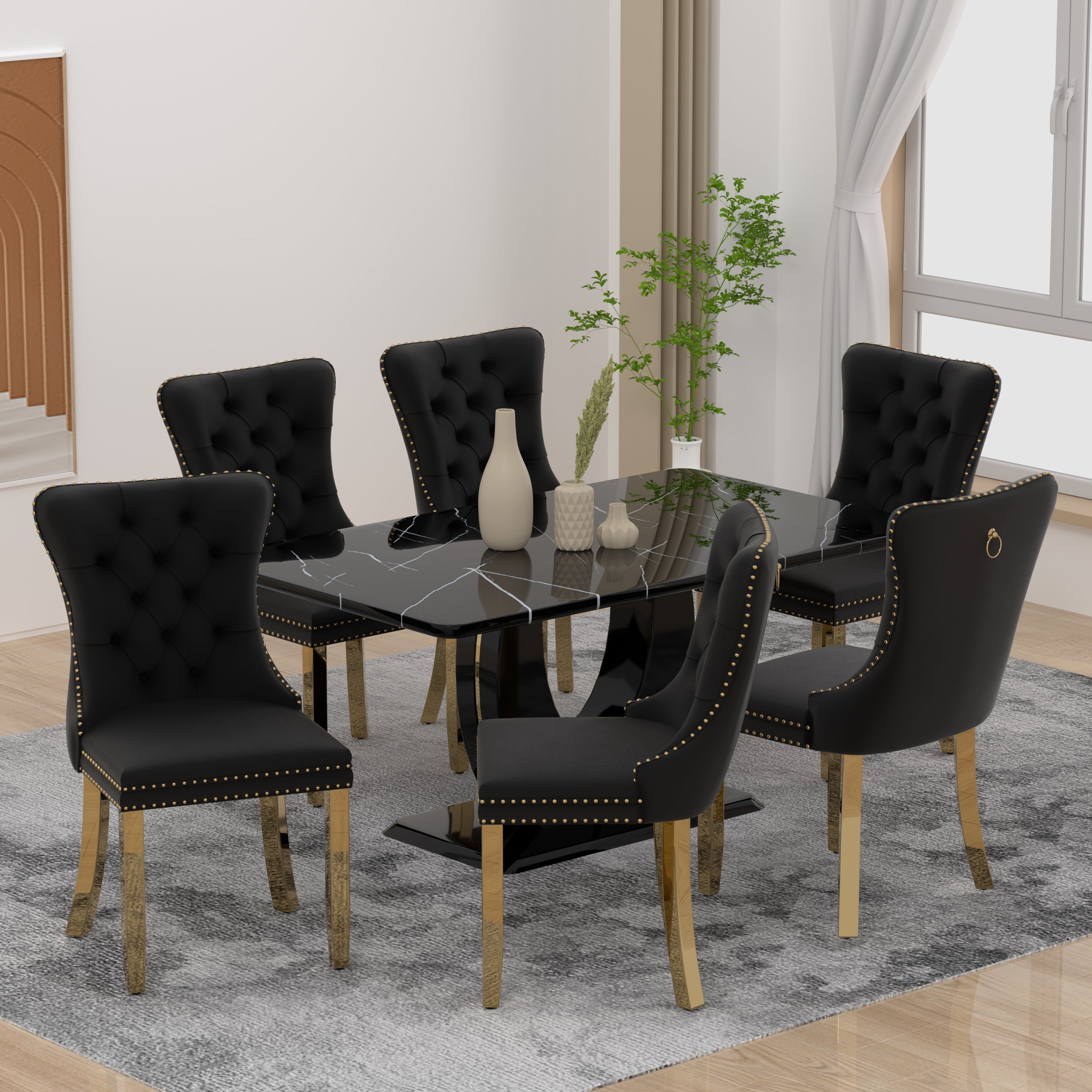 63 Modern White Rectangle Faux Marble Dining Table Room Sets for 4,Dining Table with 4 Velvet Dining Chairs,White Table and 4 Gray Chairs with Silver Leg