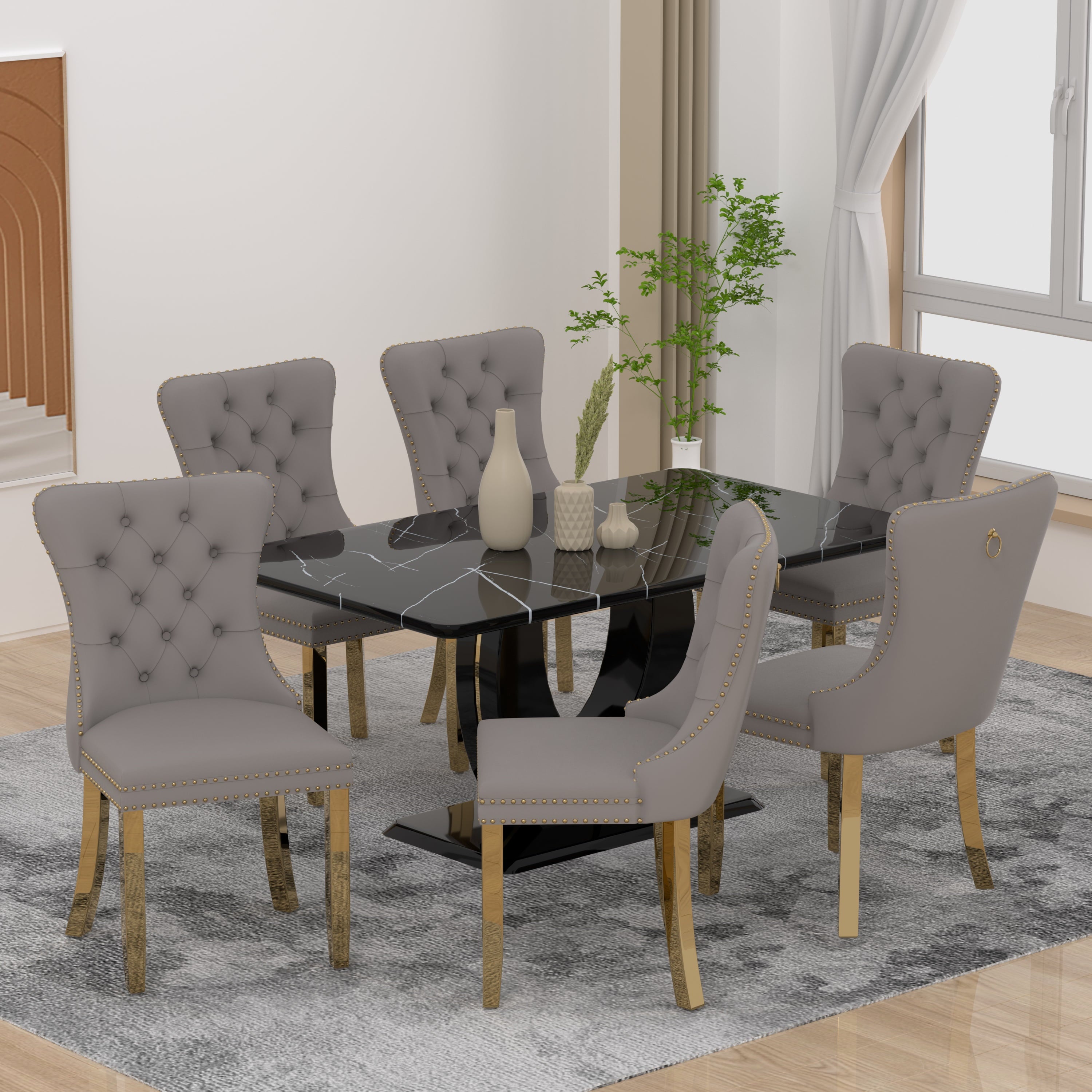 63 Modern White Rectangle Faux Marble Dining Table Room Sets for 4,Dining Table with 4 Velvet Dining Chairs,White Table and 4 Gray Chairs with Silver Leg