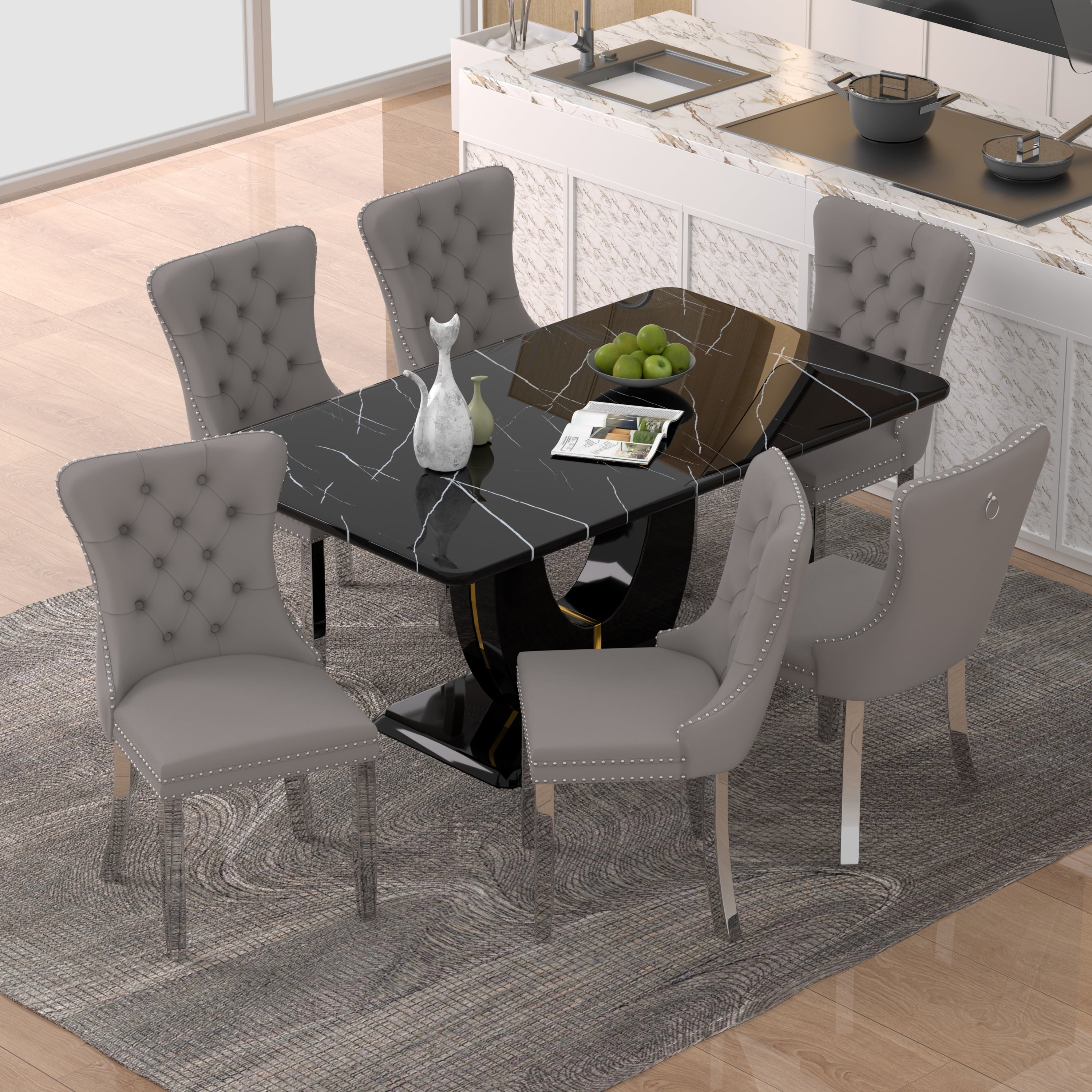 63 Modern White Rectangle Faux Marble Dining Table Room Sets for 4,Dining Table with 4 Velvet Dining Chairs,White Table and 4 Gray Chairs with Silver Leg