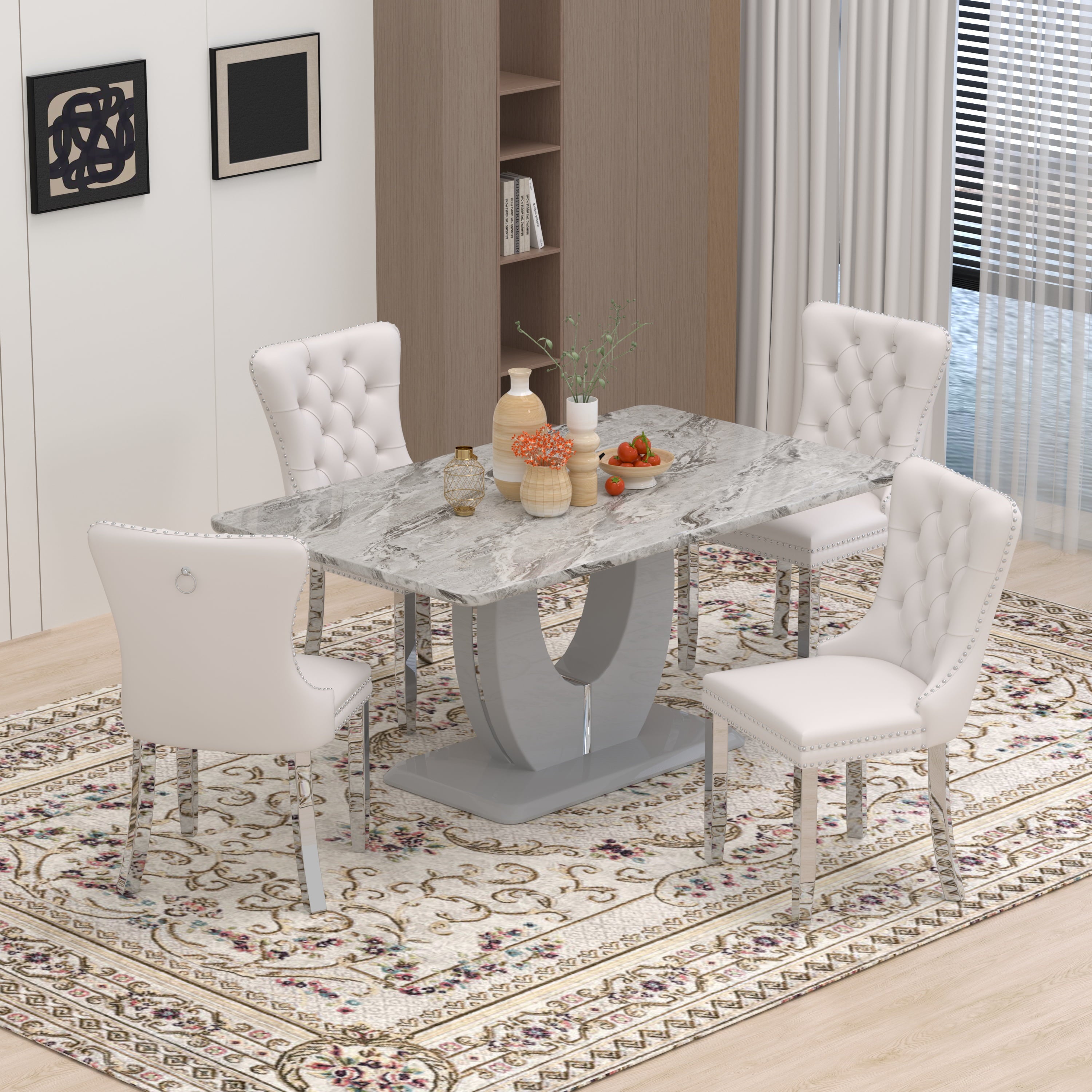 63 Modern White Rectangle Faux Marble Dining Table Room Sets for 4,Dining Table with 4 Velvet Dining Chairs,White Table and 4 Gray Chairs with Silver Leg