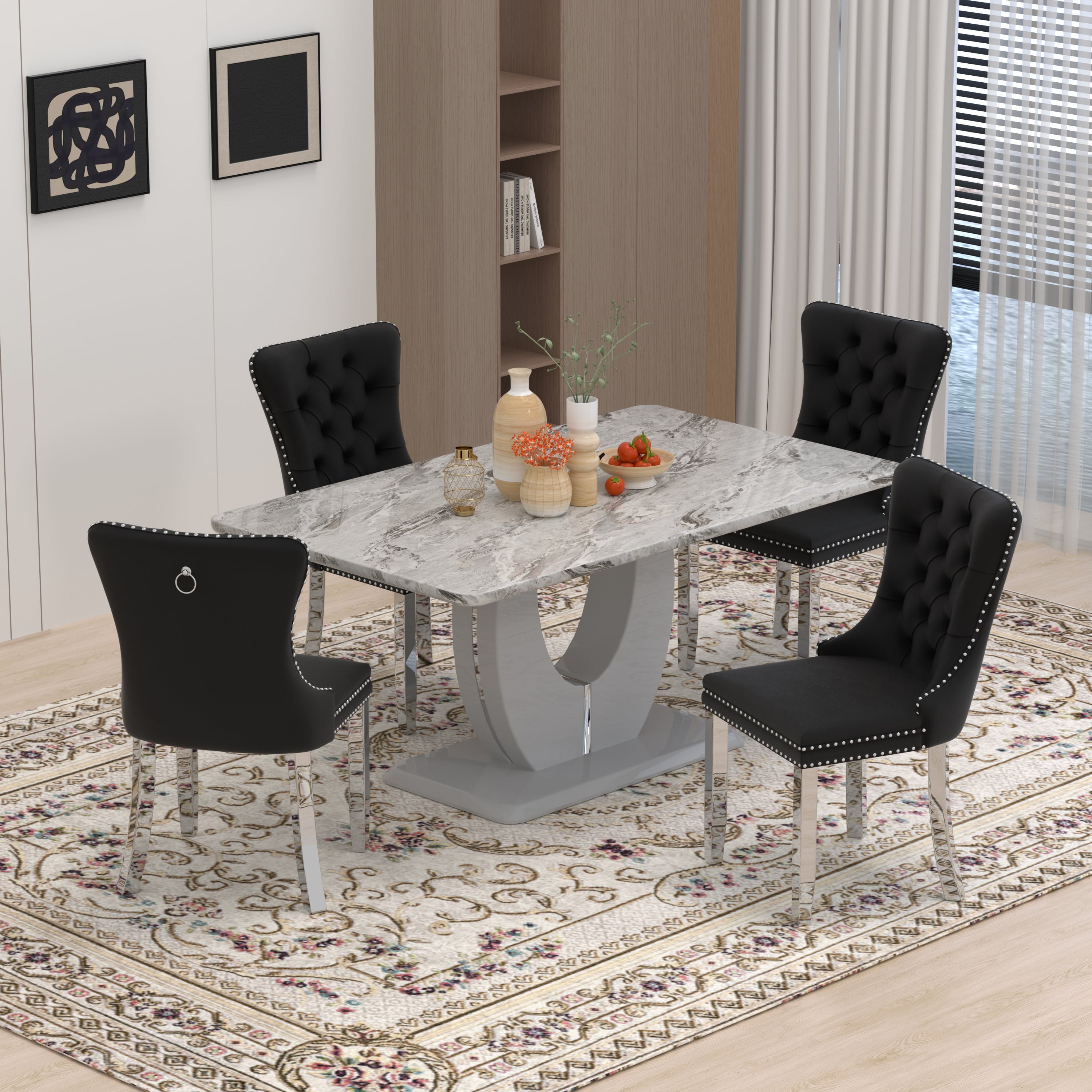 63 Modern White Rectangle Faux Marble Dining Table Room Sets for 4,Dining Table with 4 Velvet Dining Chairs,White Table and 4 Gray Chairs with Silver Leg