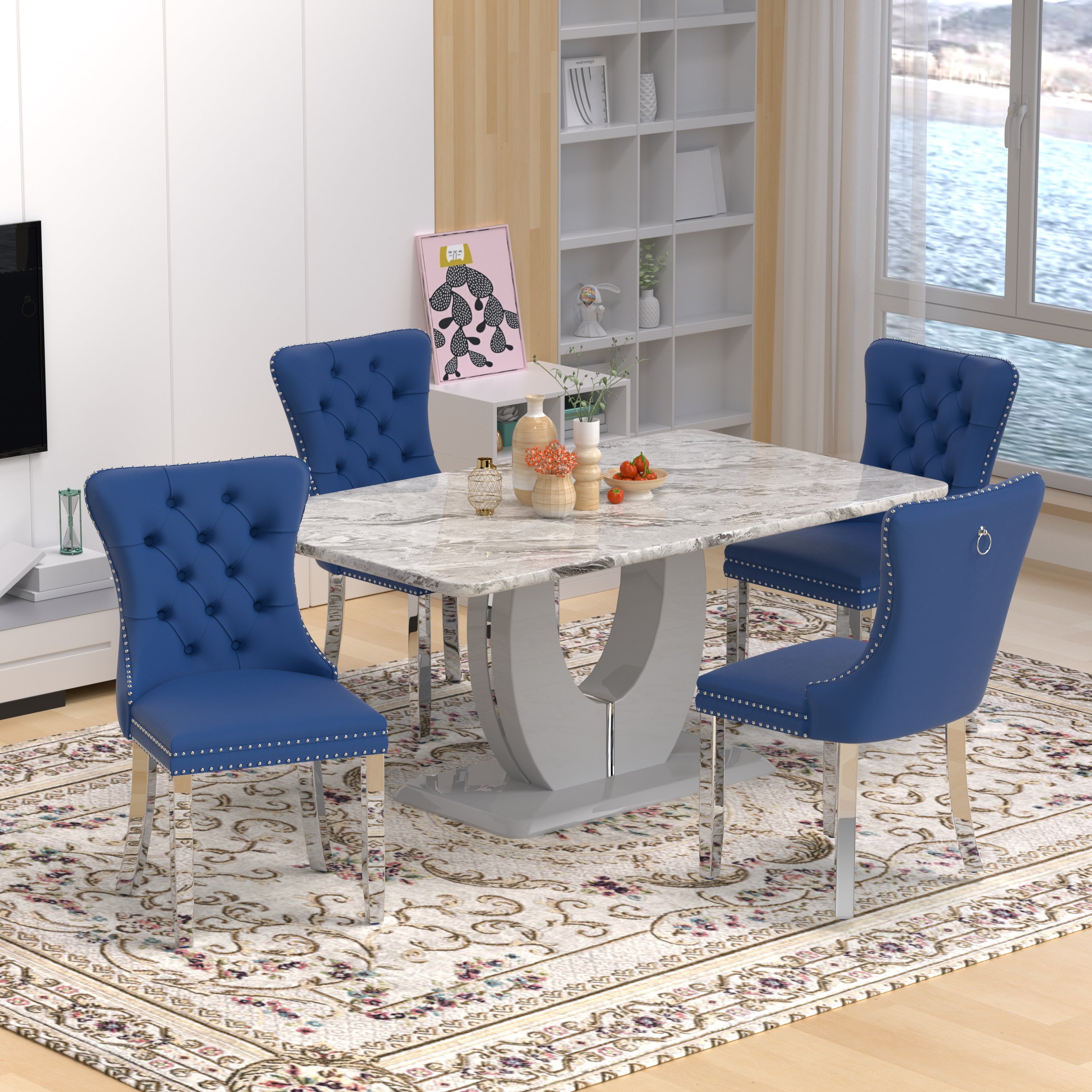 63 Modern White Rectangle Faux Marble Dining Table Room Sets for 4,Dining Table with 4 Velvet Dining Chairs,White Table and 4 Gray Chairs with Silver Leg