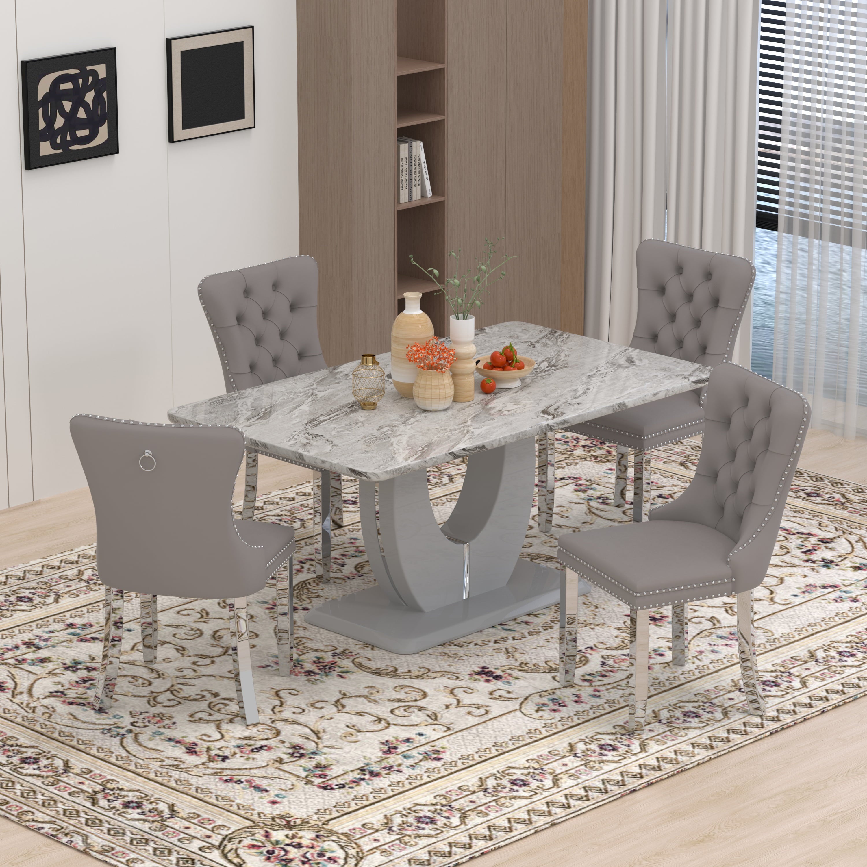 63 Modern White Rectangle Faux Marble Dining Table Room Sets for 4,Dining Table with 4 Velvet Dining Chairs,White Table and 4 Gray Chairs with Silver Leg