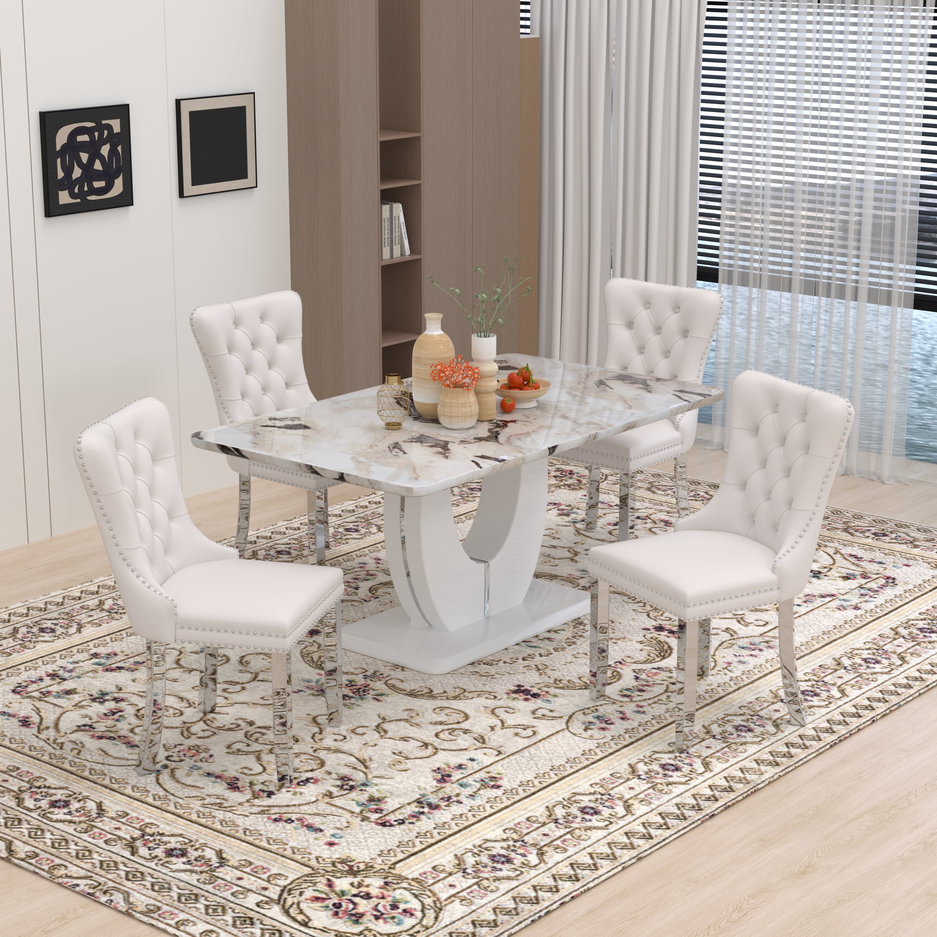 63 Modern White Rectangle Faux Marble Dining Table Room Sets for 4,Dining Table with 4 Velvet Dining Chairs,White Table and 4 Gray Chairs with Silver Leg