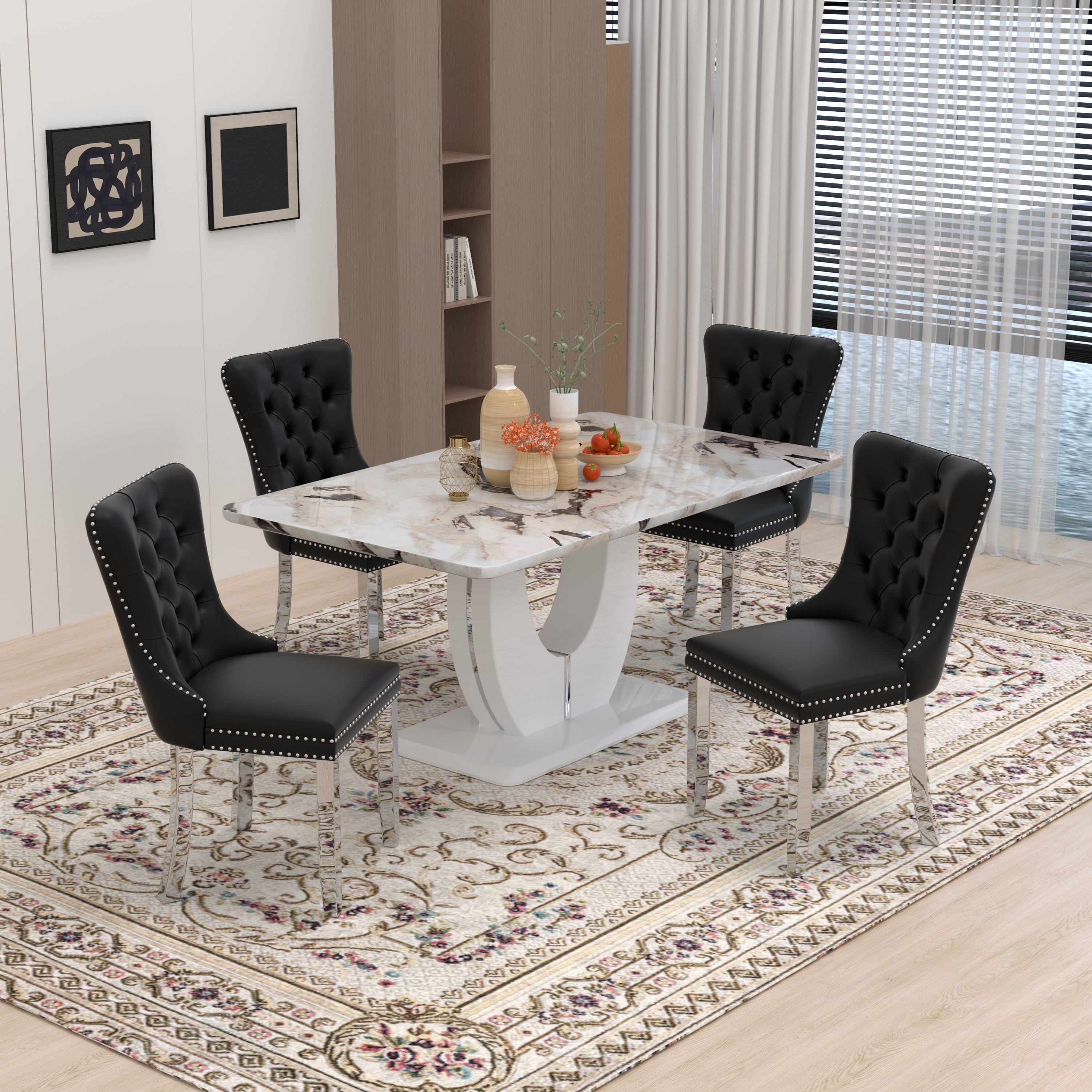 63 Modern White Rectangle Faux Marble Dining Table Room Sets for 4,Dining Table with 4 Velvet Dining Chairs,White Table and 4 Gray Chairs with Silver Leg