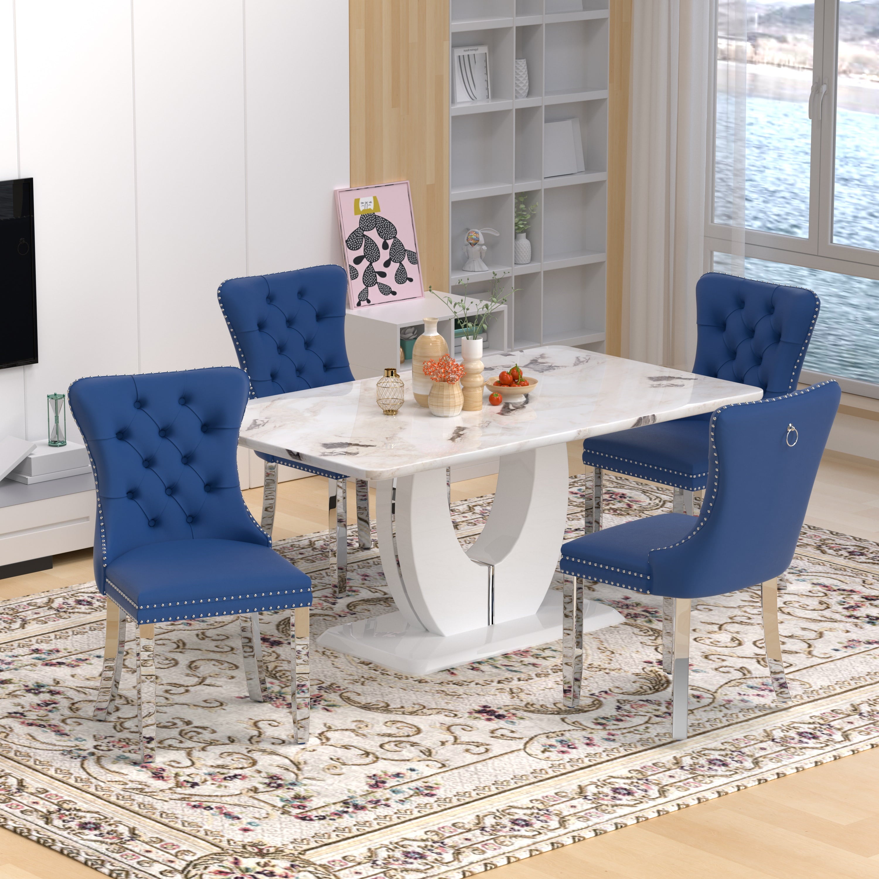 63 Modern White Rectangle Faux Marble Dining Table Room Sets for 4,Dining Table with 4 Velvet Dining Chairs,White Table and 4 Gray Chairs with Silver Leg