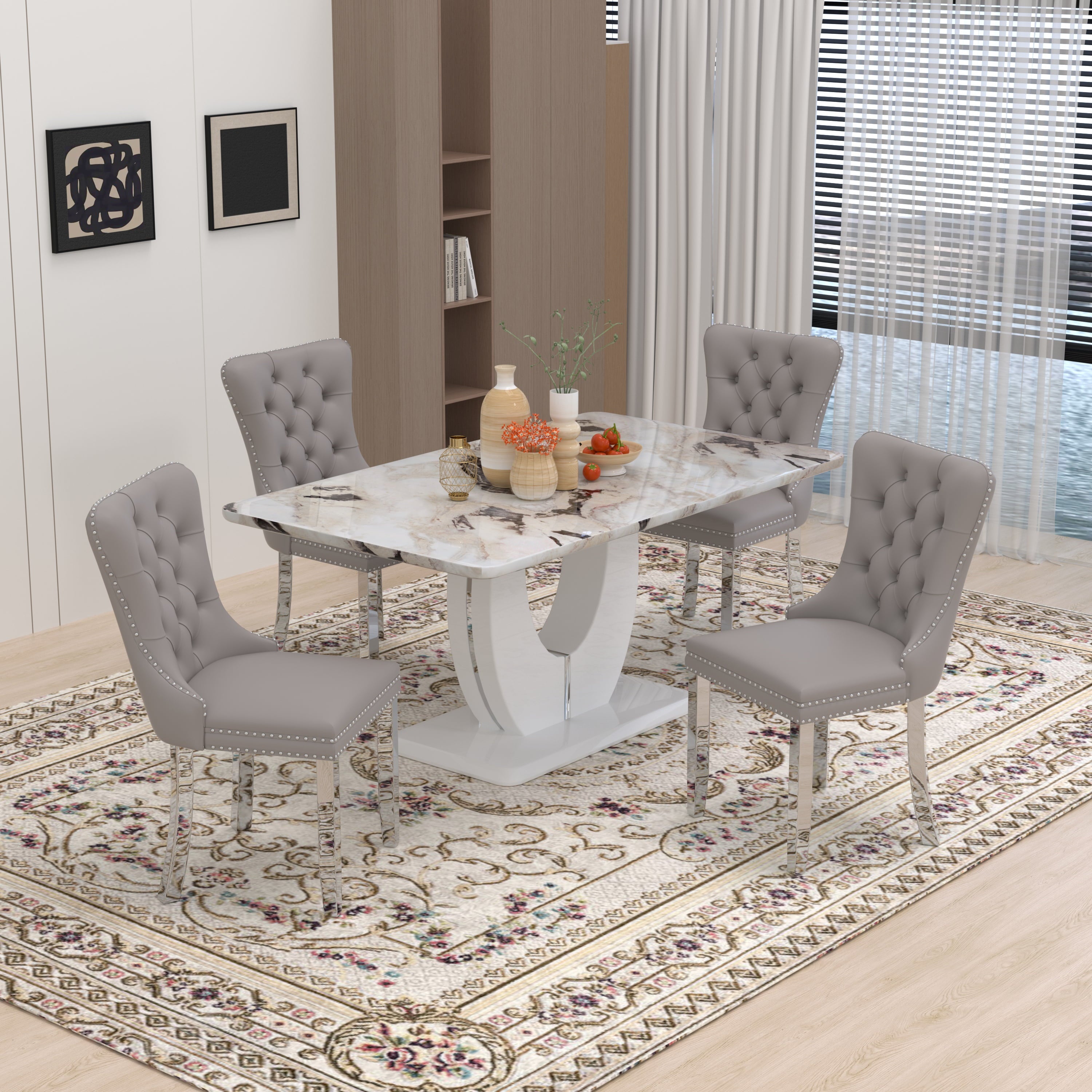 63 Modern White Rectangle Faux Marble Dining Table Room Sets for 4,Dining Table with 4 Velvet Dining Chairs,White Table and 4 Gray Chairs with Silver Leg