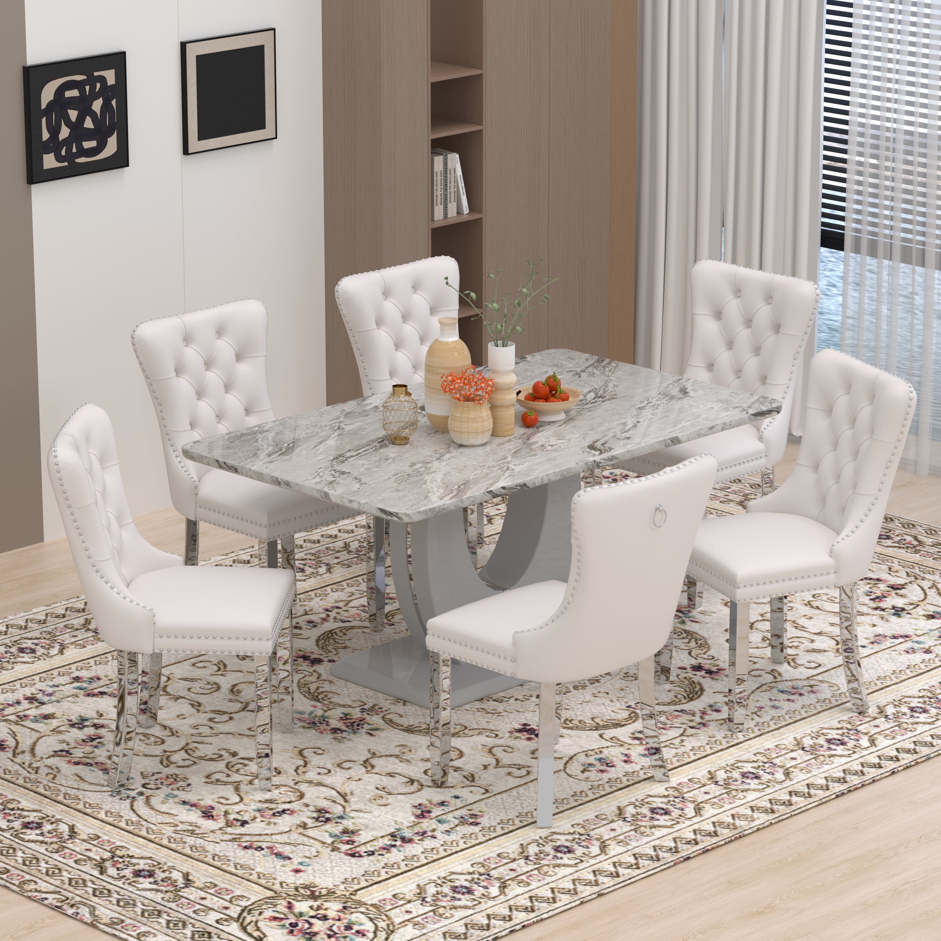 63 Modern White Rectangle Faux Marble Dining Table Room Sets for 4,Dining Table with 4 Velvet Dining Chairs,White Table and 4 Gray Chairs with Silver Leg