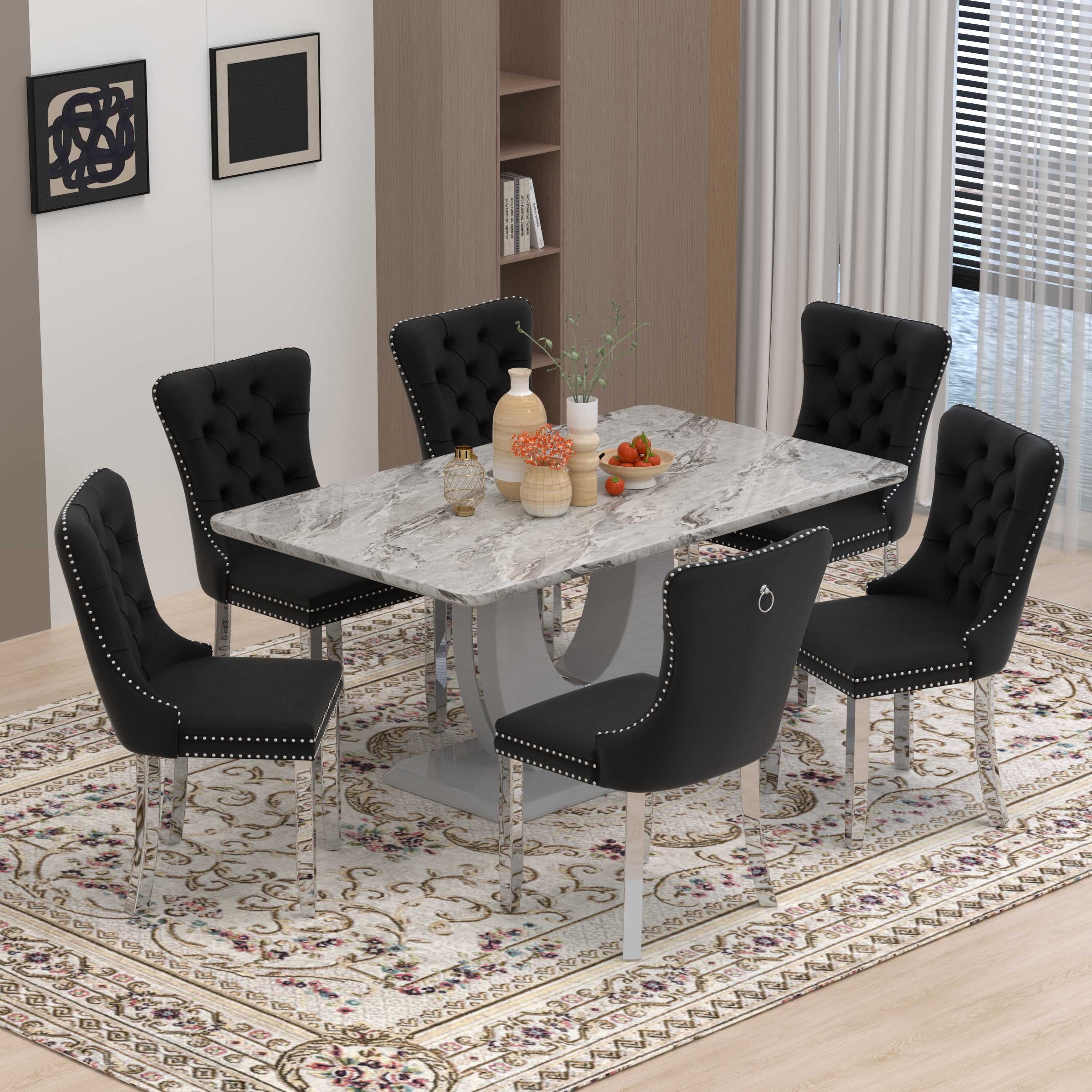 63 Modern White Rectangle Faux Marble Dining Table Room Sets for 4,Dining Table with 4 Velvet Dining Chairs,White Table and 4 Gray Chairs with Silver Leg