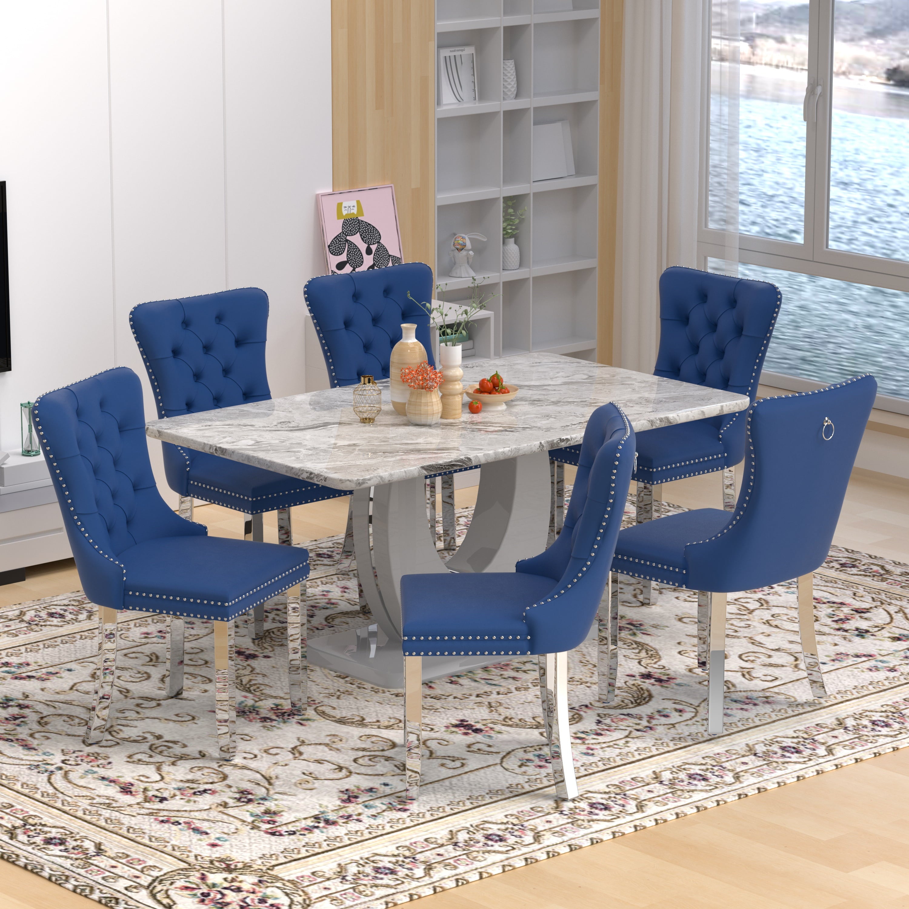 63 Modern White Rectangle Faux Marble Dining Table Room Sets for 4,Dining Table with 4 Velvet Dining Chairs,White Table and 4 Gray Chairs with Silver Leg