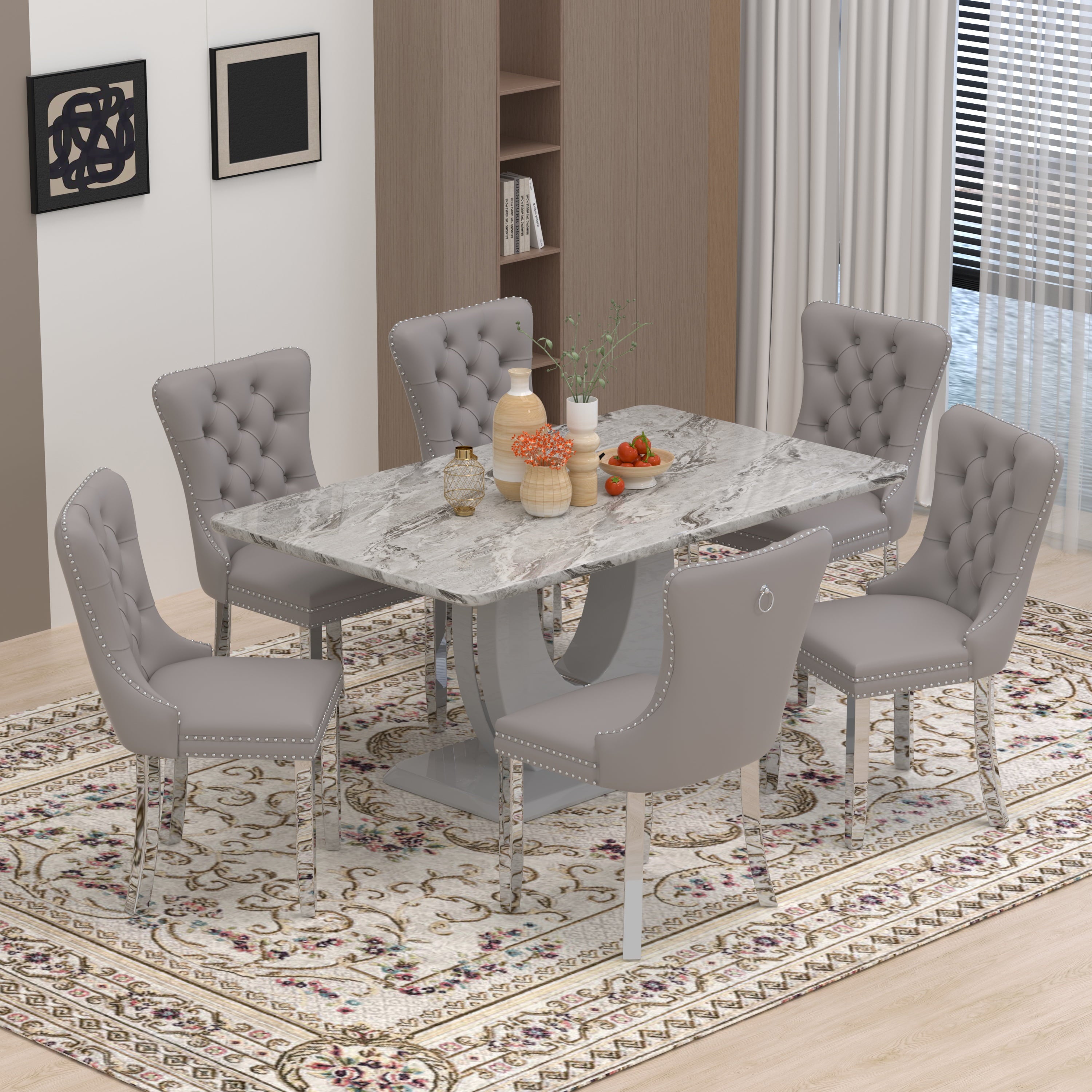 63 Modern White Rectangle Faux Marble Dining Table Room Sets for 4,Dining Table with 4 Velvet Dining Chairs,White Table and 4 Gray Chairs with Silver Leg