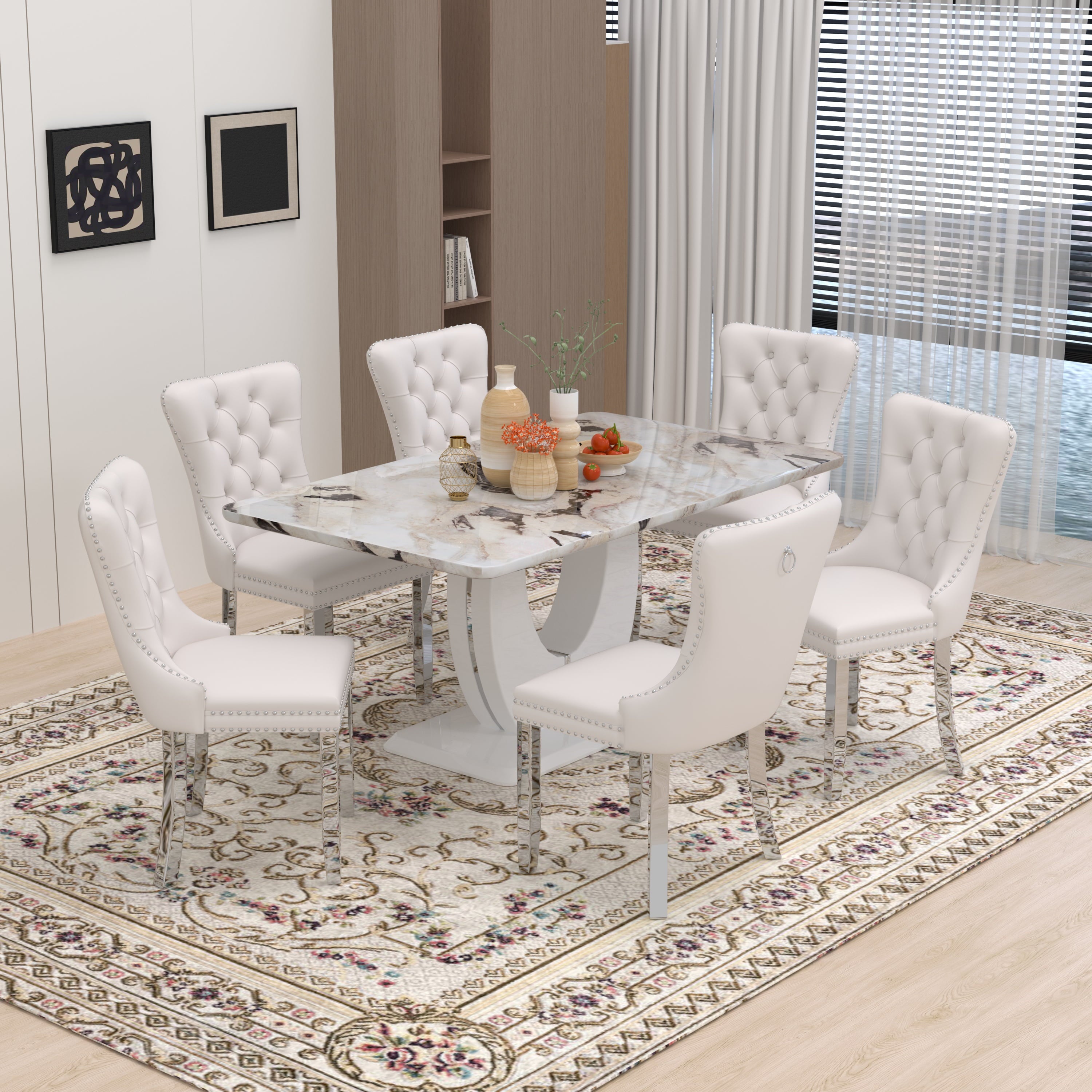 63 Modern White Rectangle Faux Marble Dining Table Room Sets for 4,Dining Table with 4 Velvet Dining Chairs,White Table and 4 Gray Chairs with Silver Leg